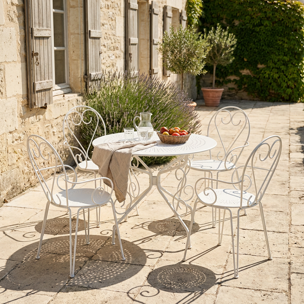 Salon de jardin ROMANCE en acier blanc ajouré installé sur une terrasse en pierre, motif façon fer forgé