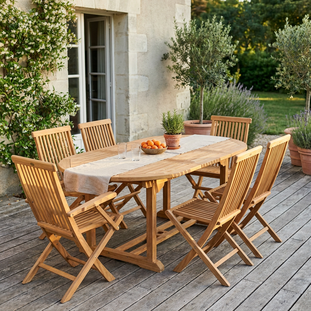 Salon de jardin en teck massif installé sur une terrasse en bois, table ovale dressée pour un repas d'été