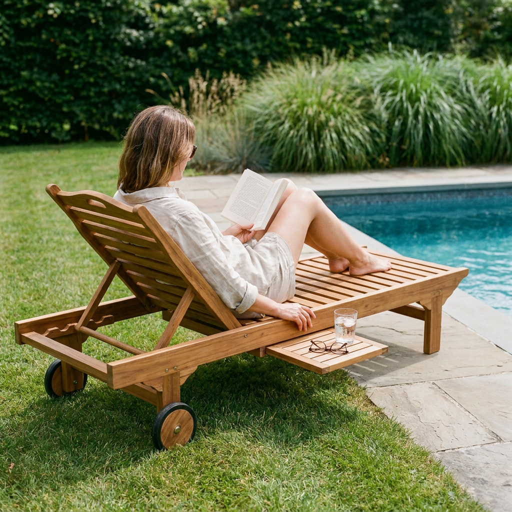 Femme lisant sur un bain de soleil en teck au bord d'une piscine, mobilier de jardin en bois durable