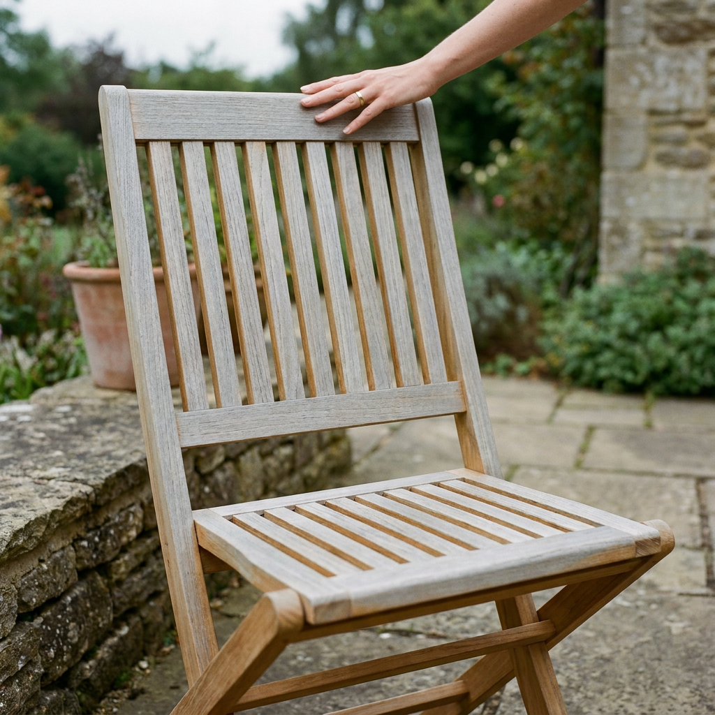 Main vérifiant les lattes d'une chaise de jardin en teck grisé, patine argentée et bois resté sain
