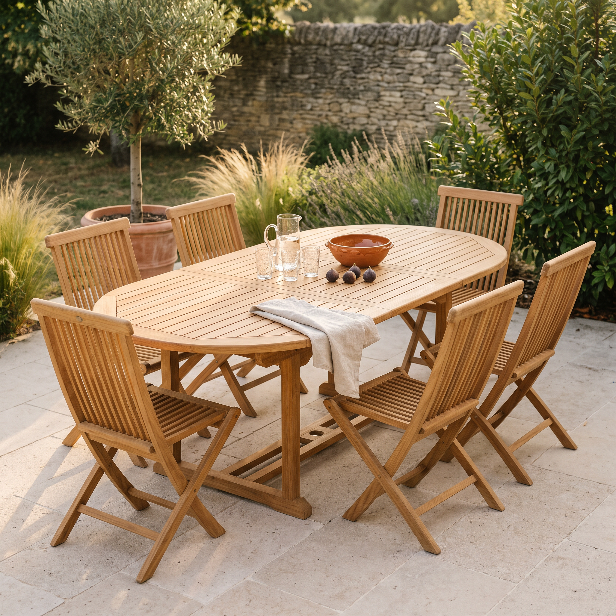 Salon de jardin en teck dégrisé et huilé, table ovale et chaises installées sur une terrasse en pierre claire