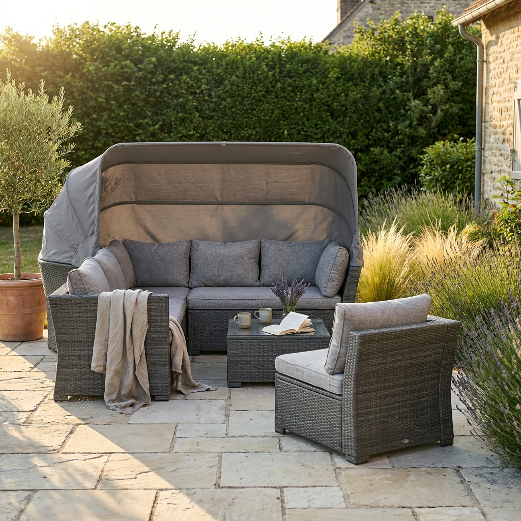 Salon de jardin bas en résine tressée anthracite installé sur une terrasse, style rotin d'occasion au jardin