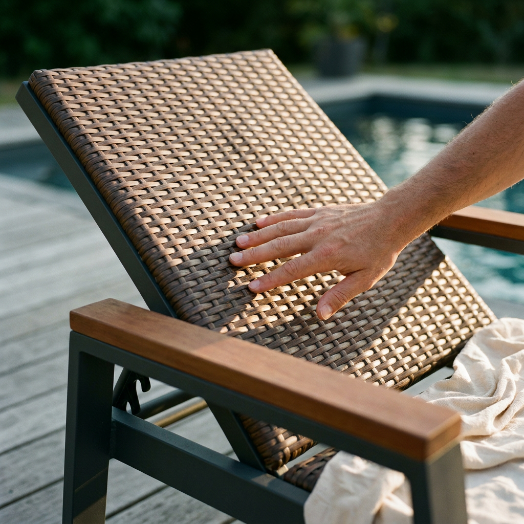 Main contrôlant le tressage d'un bain de soleil en résine chocolat, geste clé avant un achat d'occasion