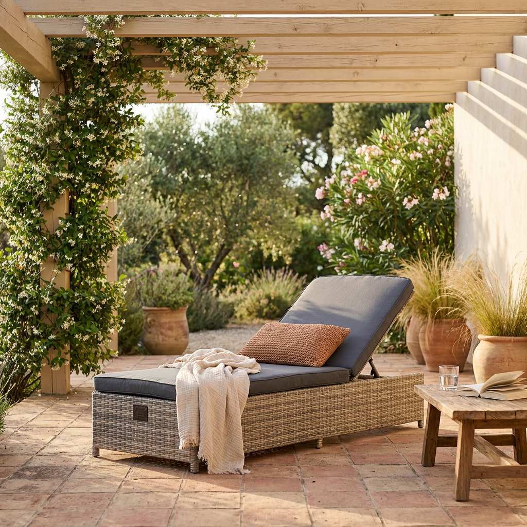 Bain de soleil aspect rotin sous une pergola en bois, plaid écru et coussin terracotta, ambiance jardin bohème