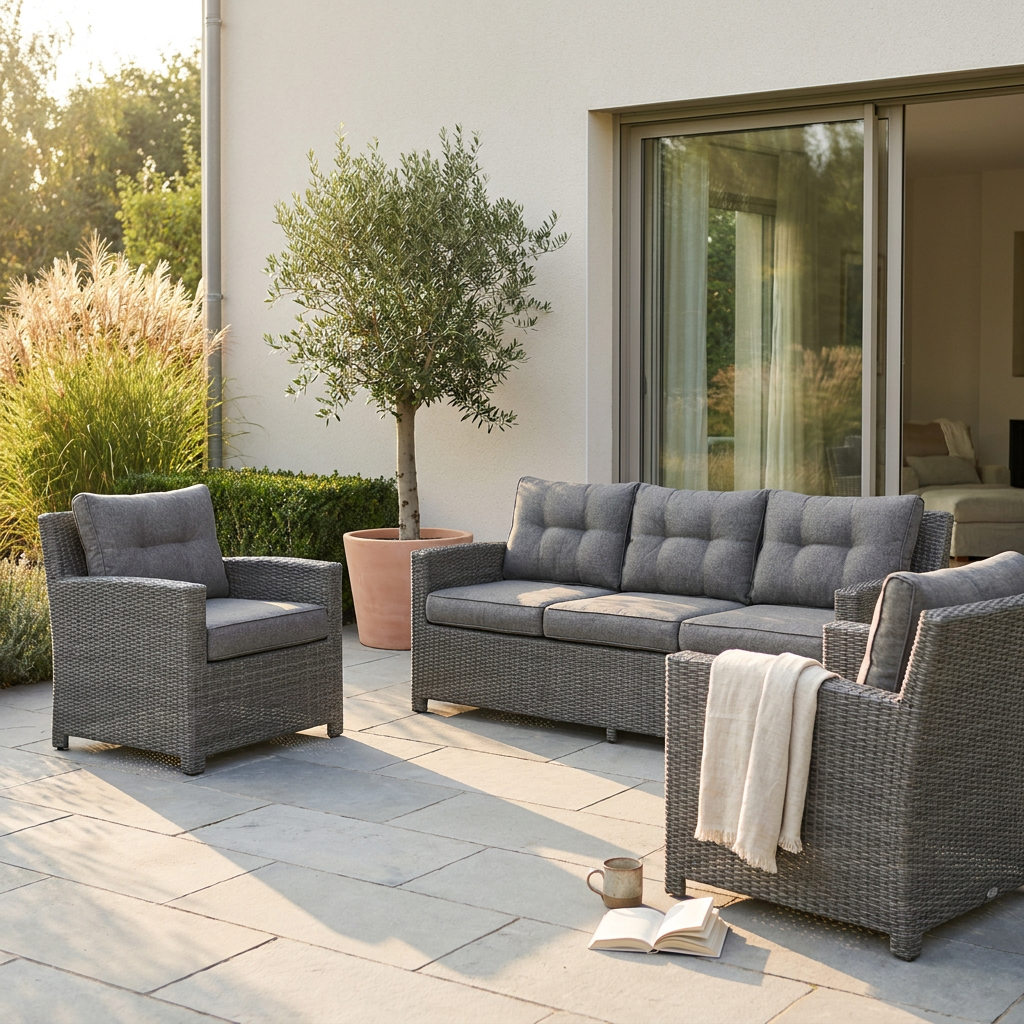 Salon de jardin en résine tressée anthracite installé sur une terrasse en pierre au soleil de fin d'après-midi