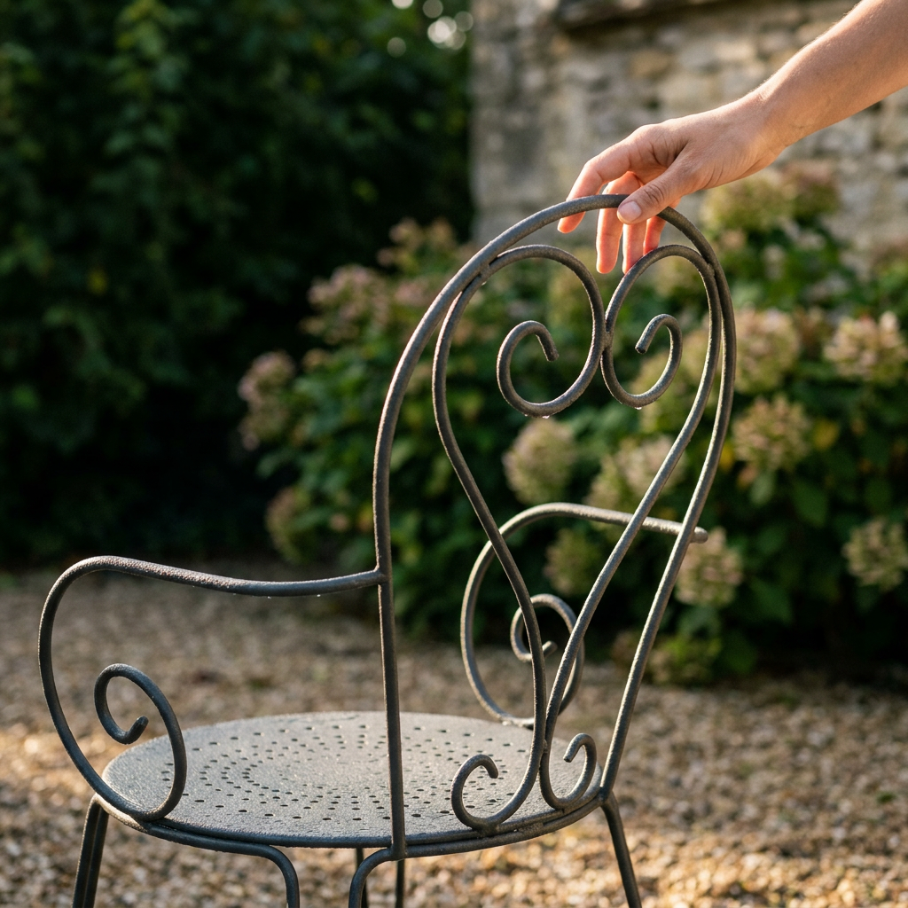 Gros plan du dossier ajouré d'un fauteuil de jardin en métal, ornementation et patine à inspecter avant achat