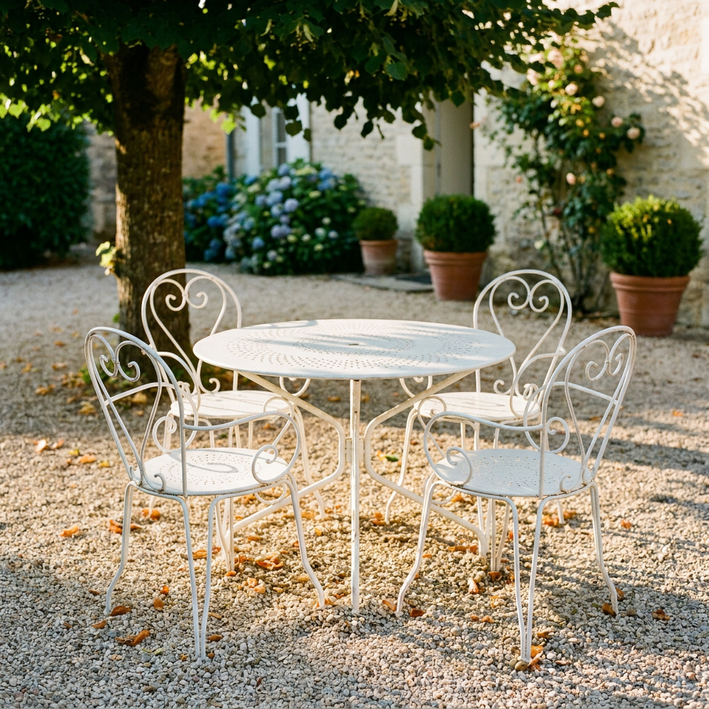 Salon de jardin en métal blanc ajouré installé sur une terrasse gravillonnée, dans l'esprit du salon en fonte ancien