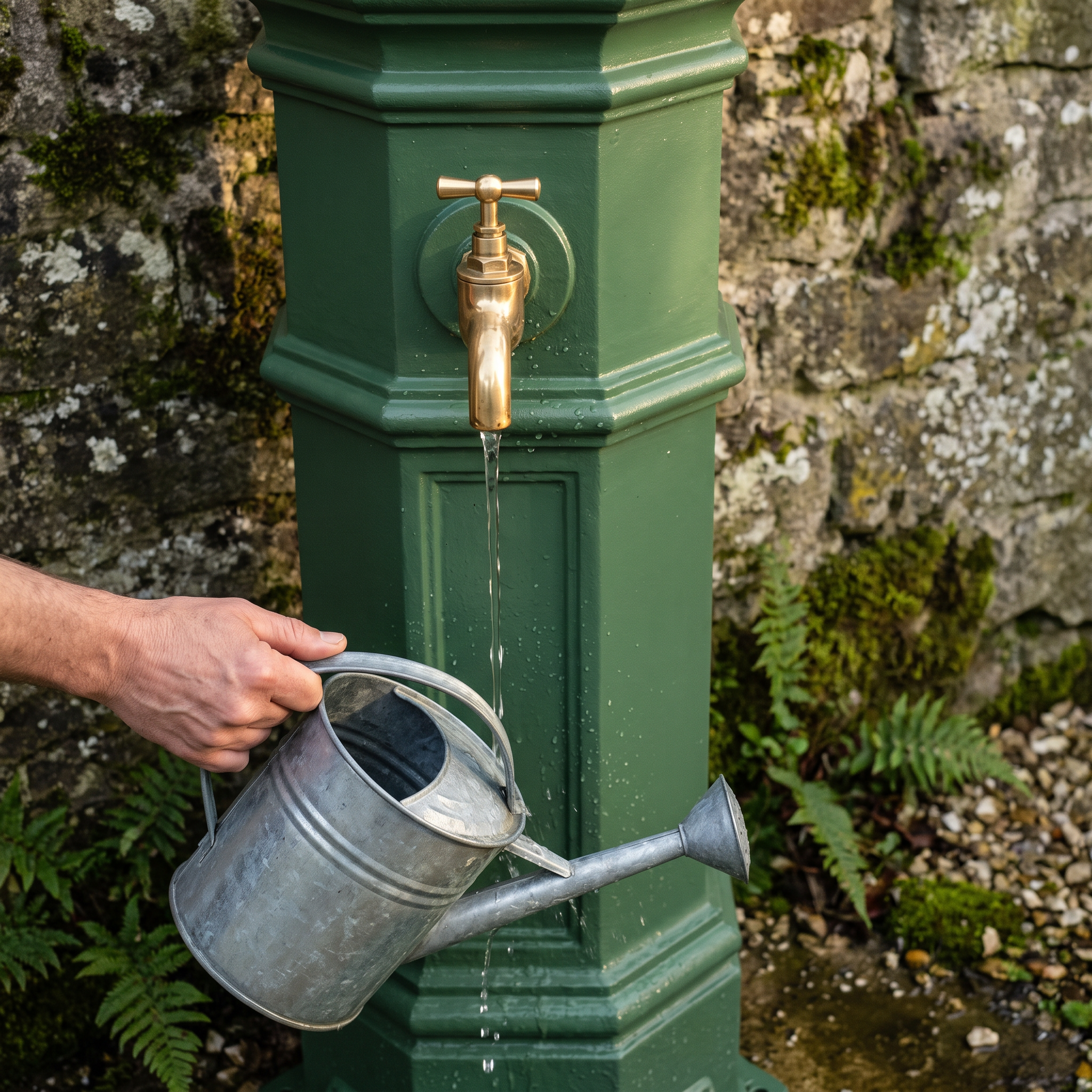 Gros plan sur une fontaine en fonte peinte en vert anglais, robinet laiton, illustrant la peinture antirouille sur fonte
