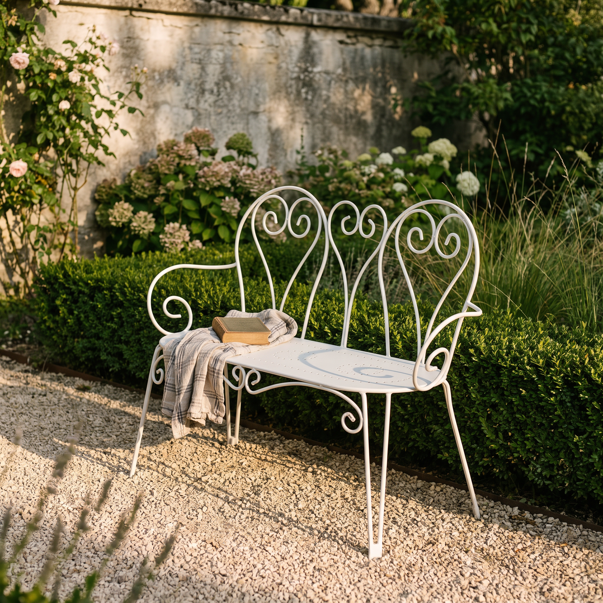Banc de jardin en métal blanc au dossier ajouré, restauré et posé sur une allée de gravier, plaid et livre sur l'assise