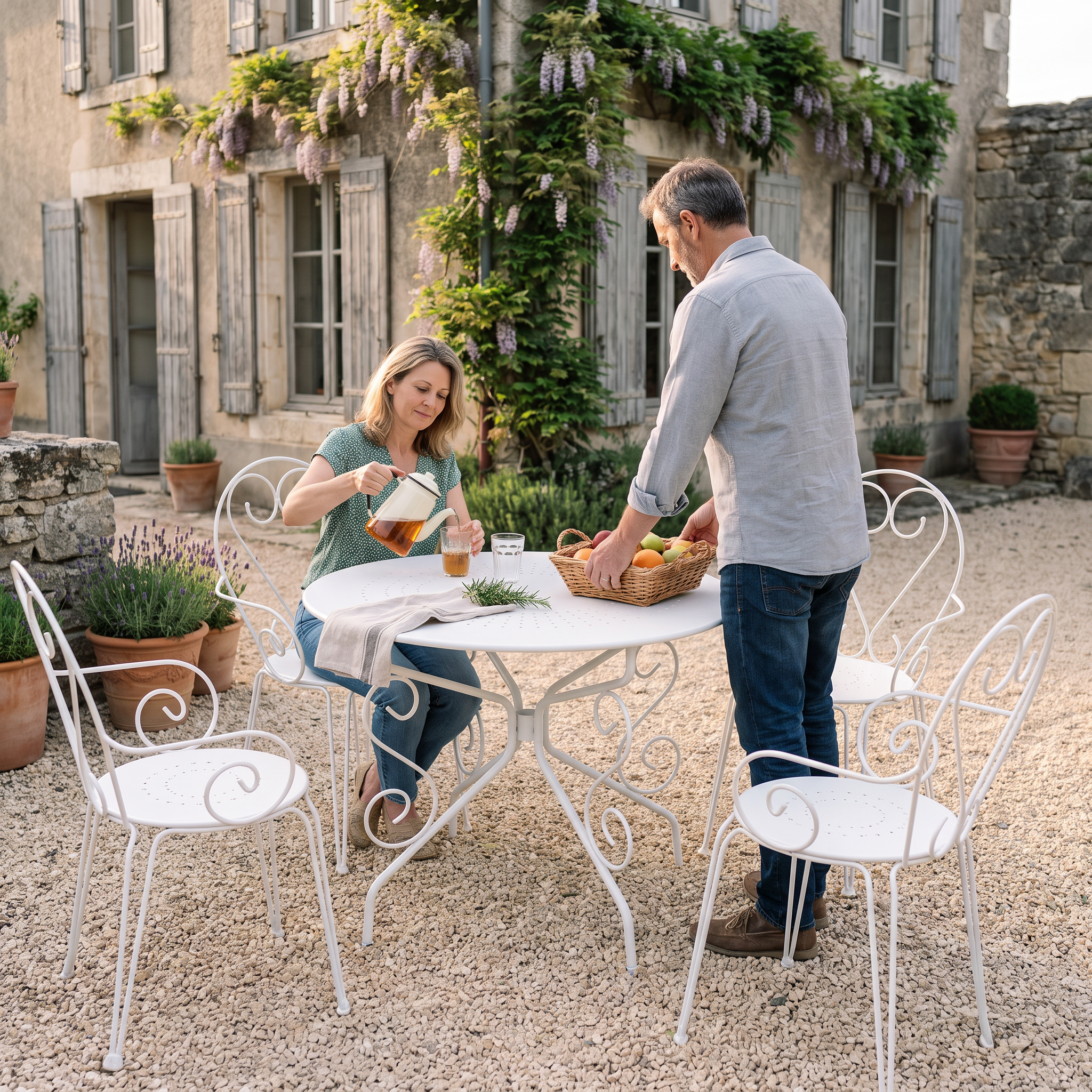 Couple attablé sur une terrasse autour d'un salon de jardin en métal blanc ajouré, assorti au banc en fonte restauré