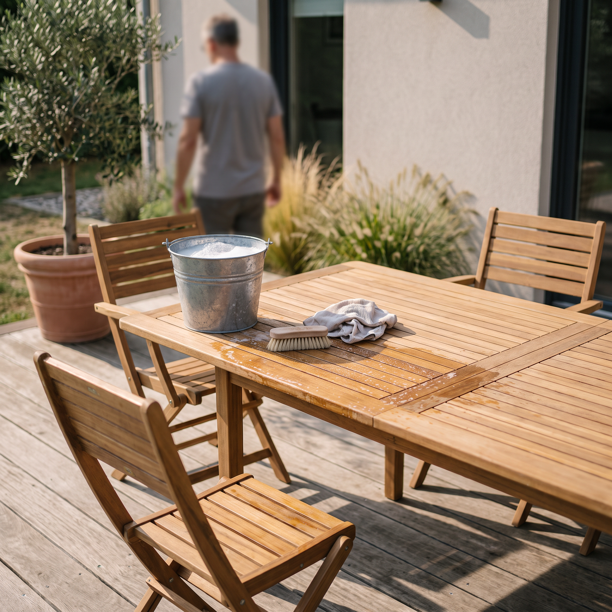 Salon de jardin en bois d'acacia d'occasion nettoyé à la brosse douce et à l'eau savonneuse sur une terrasse