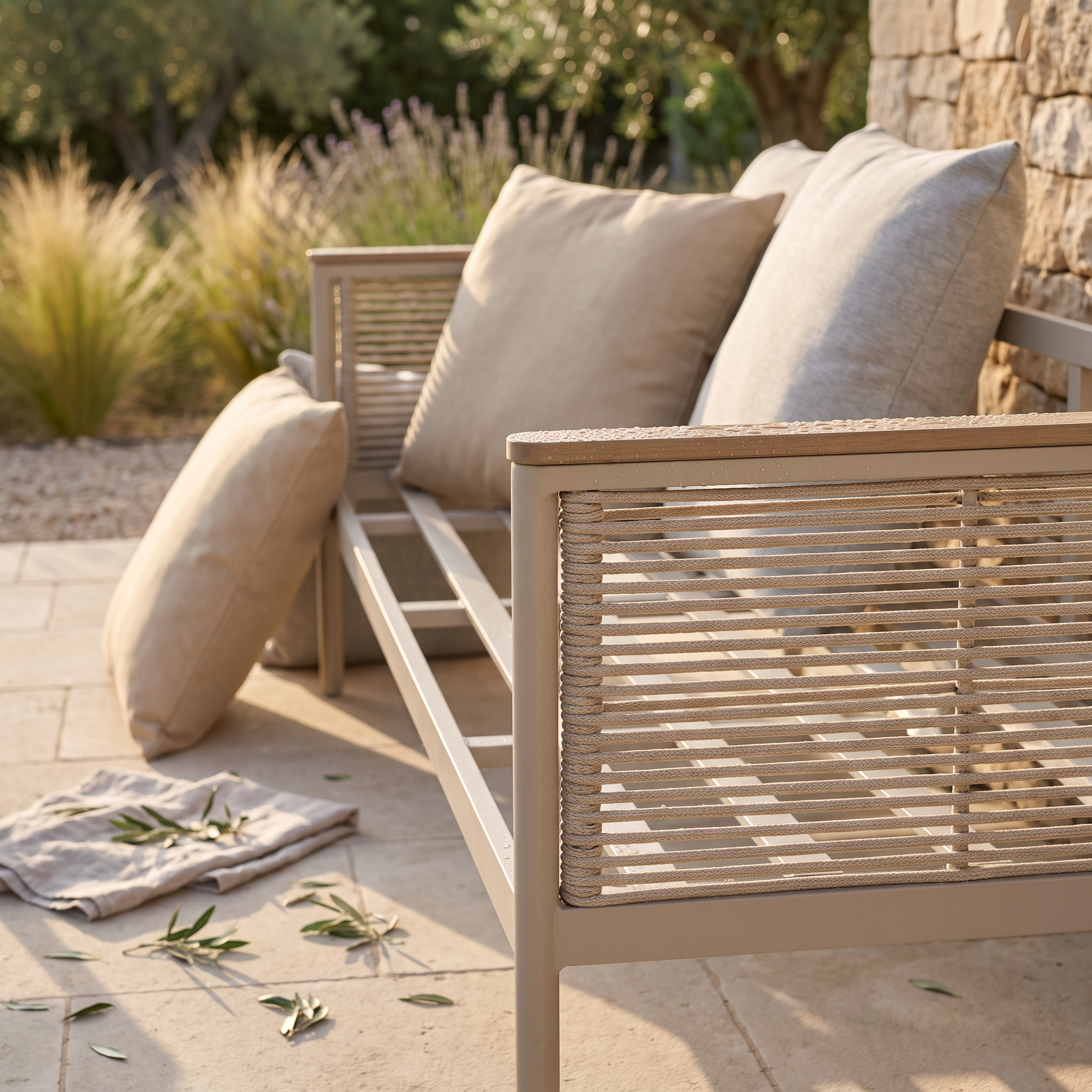Coussins déhoussés d'un salon bas en aluminium séchant au soleil après nettoyage du mobilier de jardin