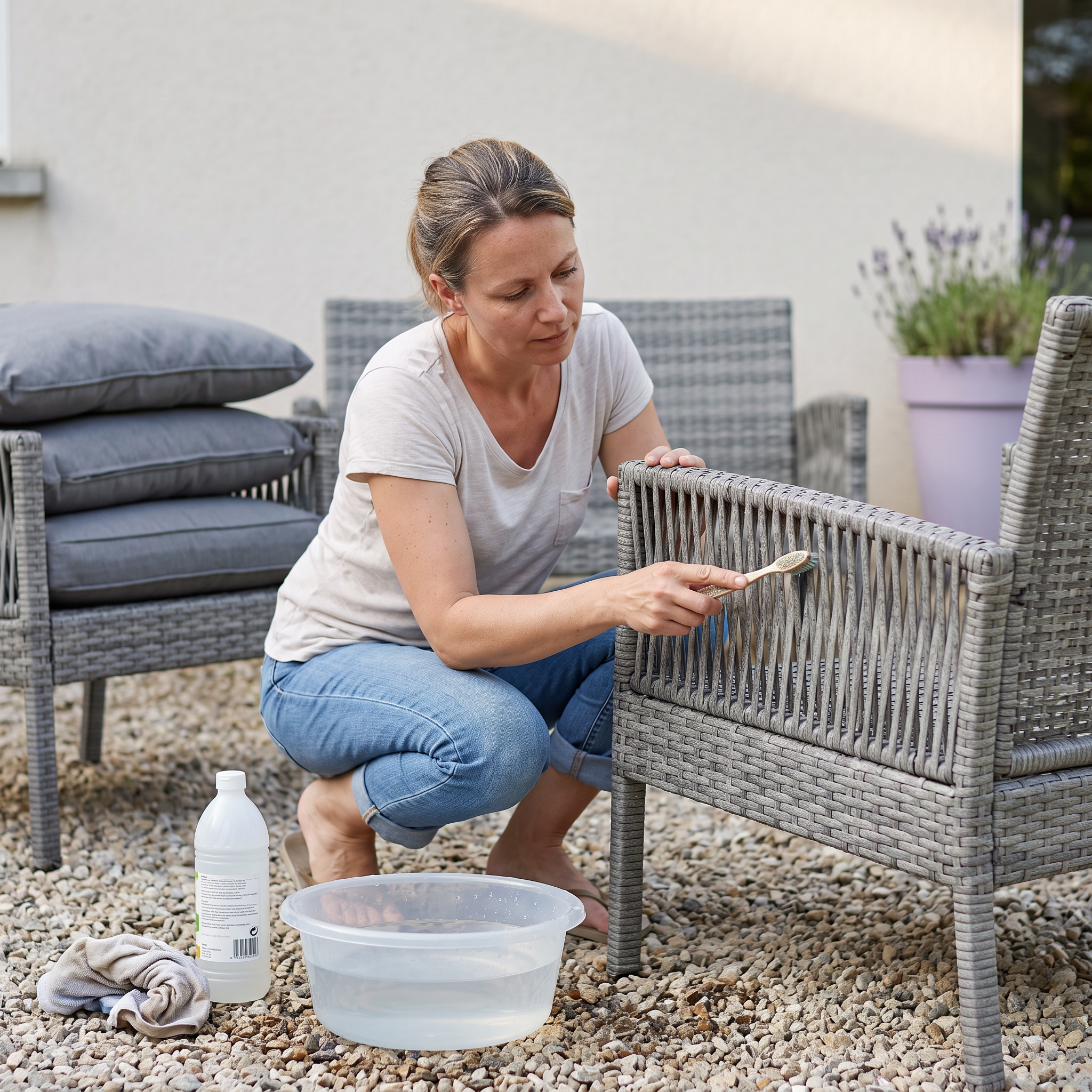 Nettoyage des interstices d'un salon de jardin en résine tressée d'occasion à la brosse à dents et au vinaigre