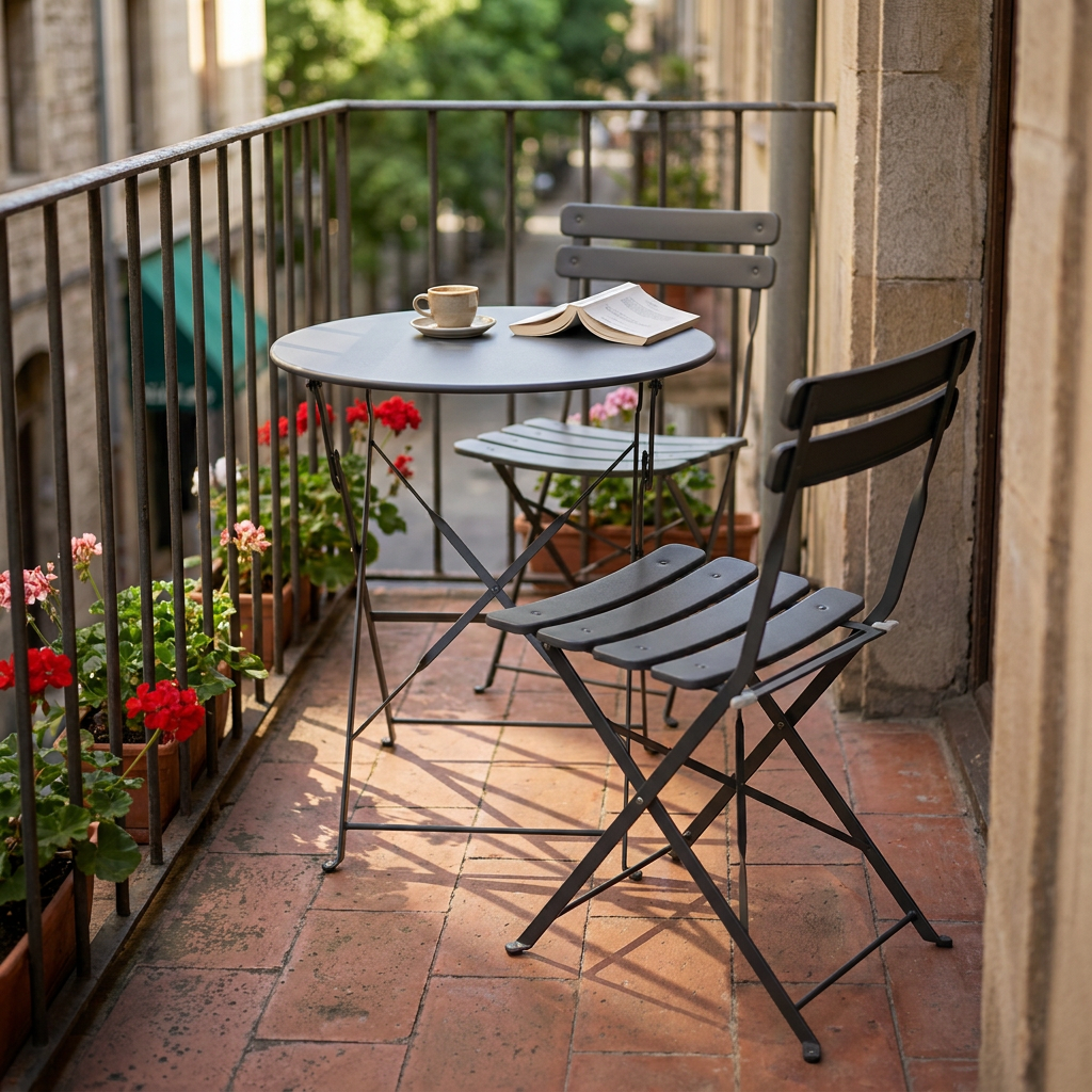 Gros plan sur une chaise pliante en acier mat d'un set bistrot rénové, installé sur un balcon au petit matin