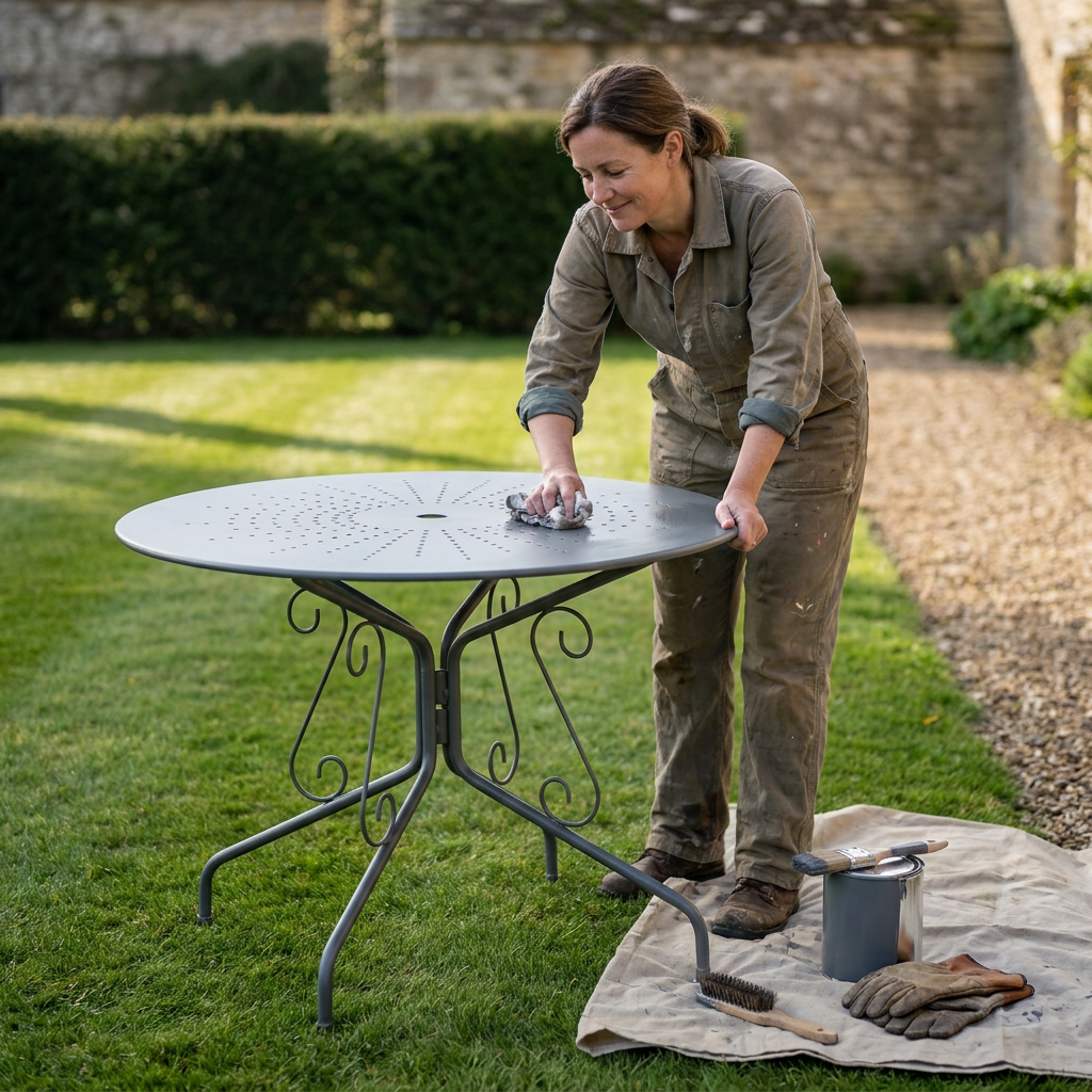 Femme essuyant une table de jardin en fer forgé gris fraîchement repeinte, brosse et pot de peinture posés à côté