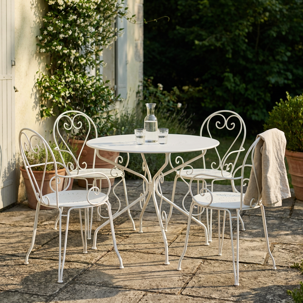 Salon de jardin en fer forgé blanc rénové et repeint, installé sur une terrasse en pierre au soleil de fin de journée