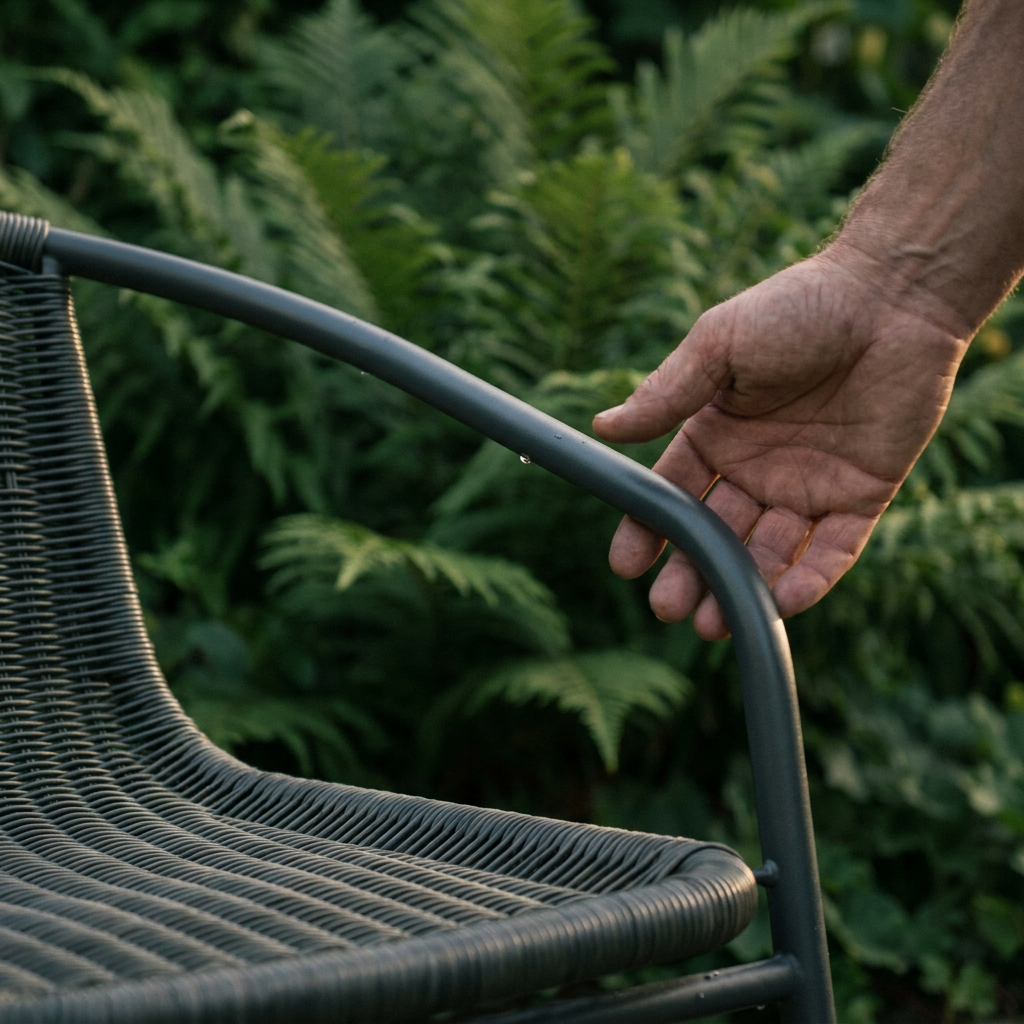 Gros plan sur l'accoudoir en acier anthracite d'un banc de jardin, métal protégé contre la rouille