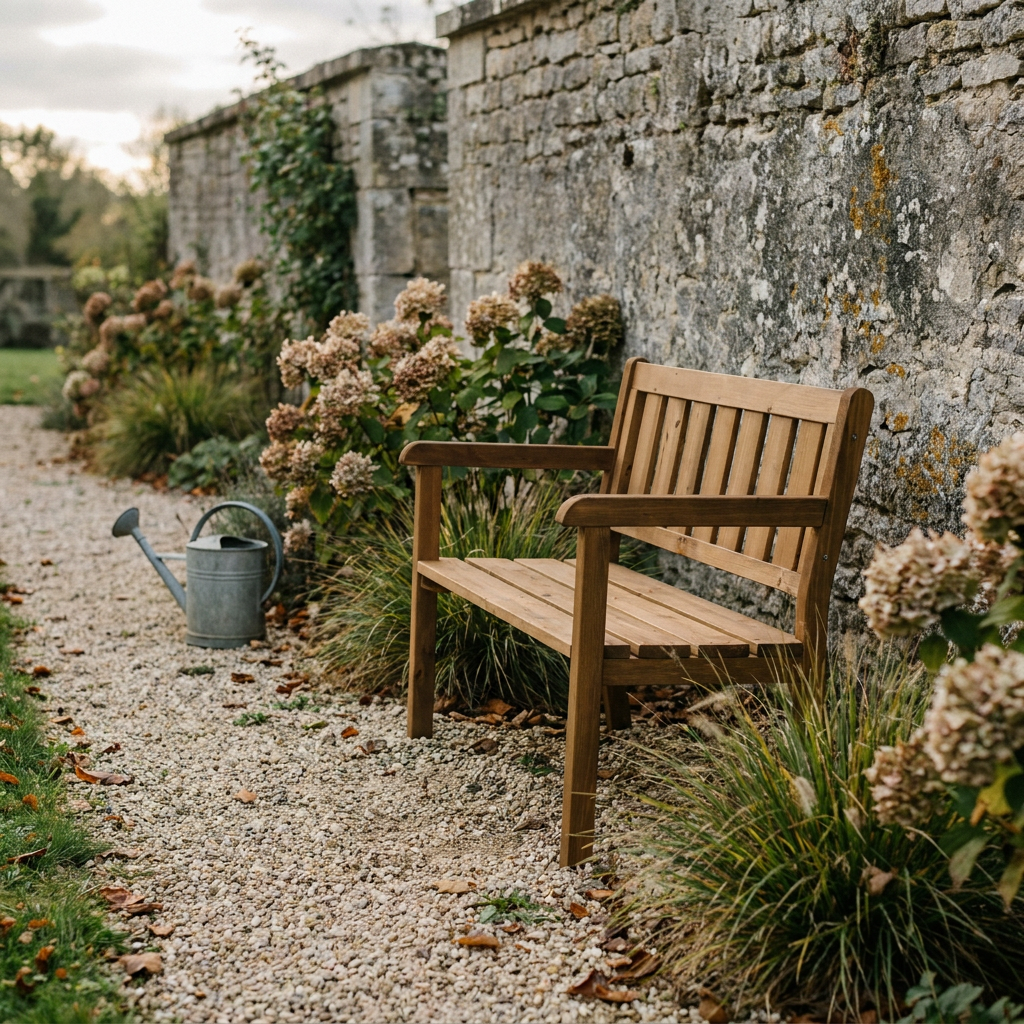 Banc de jardin en pin brun adossé à un mur de pierre ancienne, exemple de banc restauré en allée de gravier