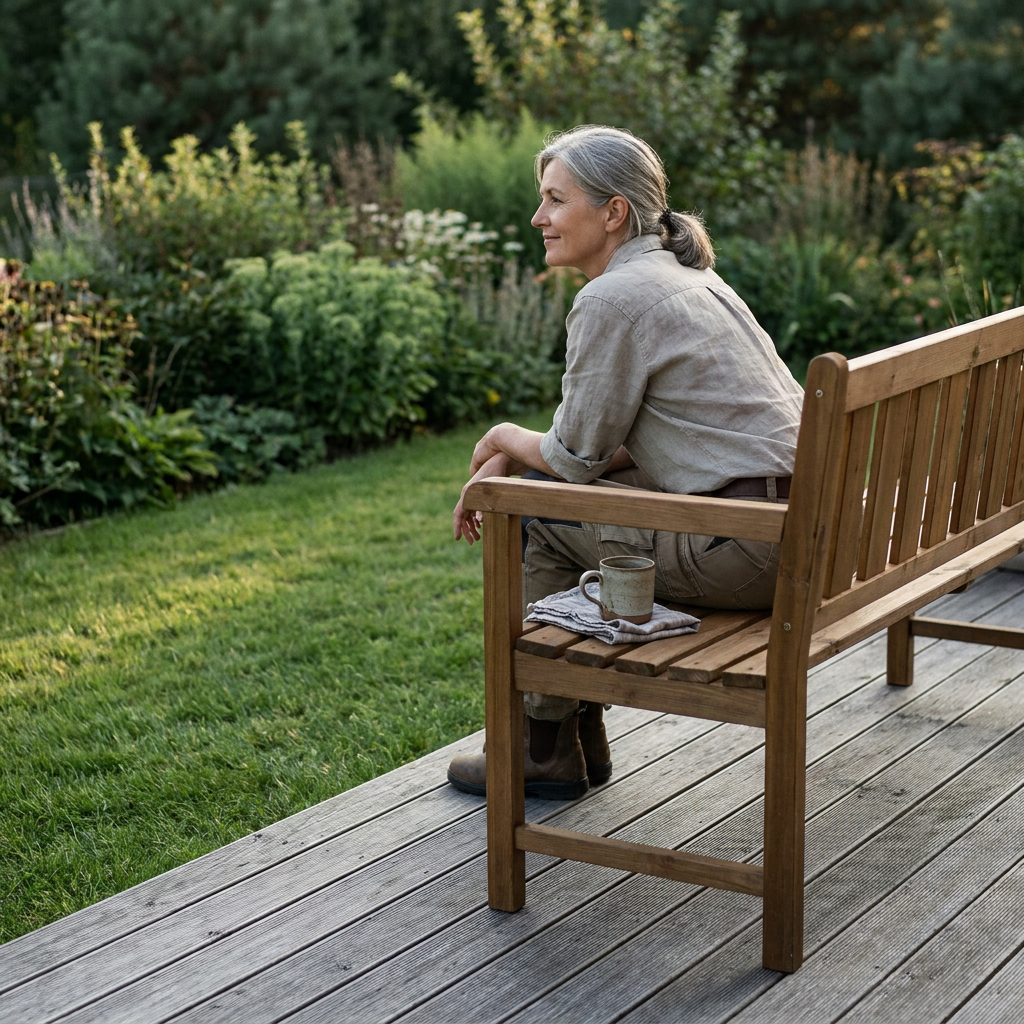 Femme assise sur un banc de jardin 3 places en pin brun sur une terrasse, pause après la restauration