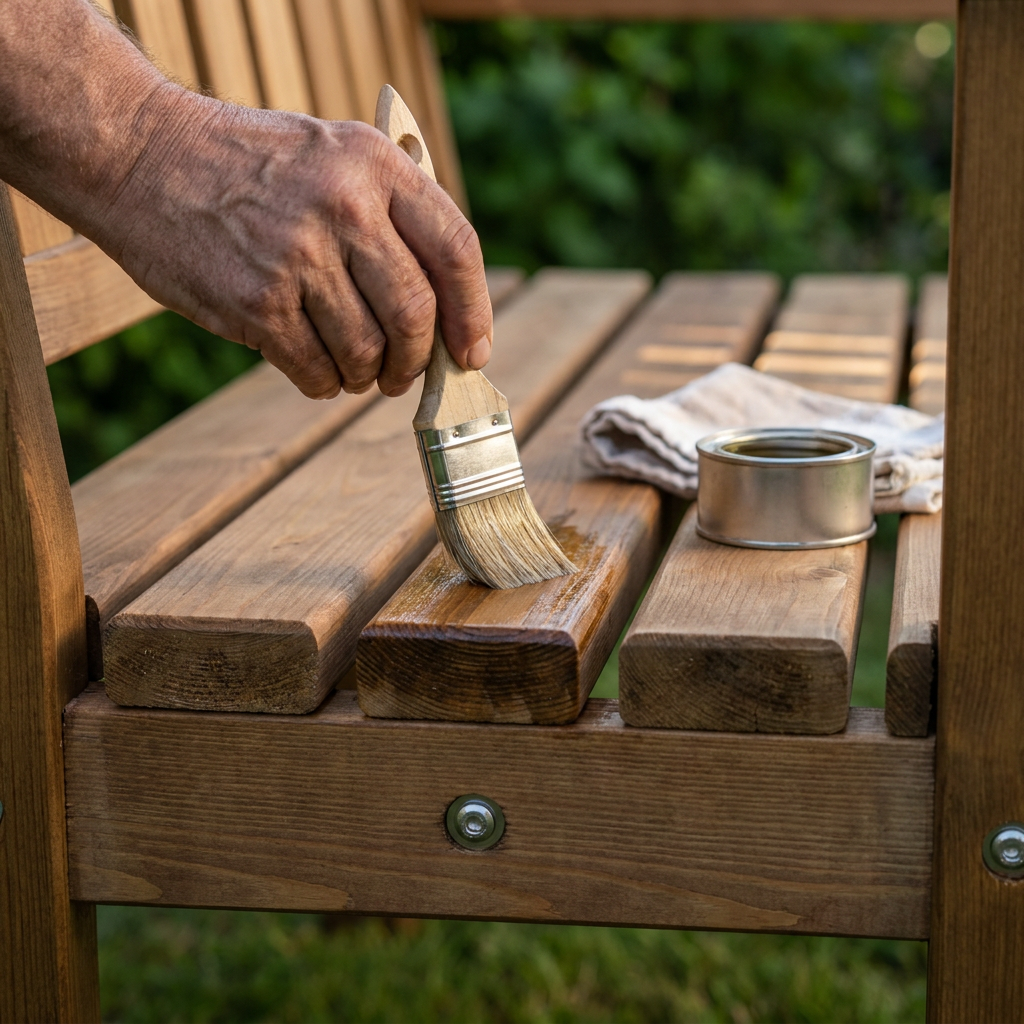Main appliquant une huile de protection sur les lattes d'assise d'un banc de jardin en bois TALSI