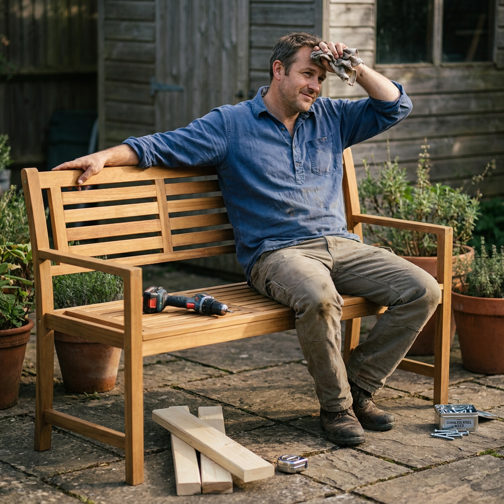 Homme assis sur un banc de jardin en acacia TONKIN après le remplacement des lattes, perceuse et visserie inox au sol