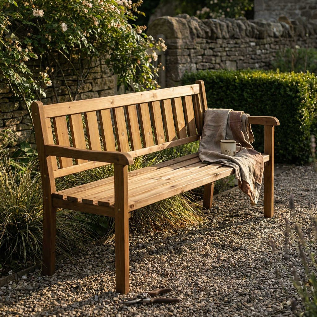 Banc de jardin en bois SEDA aux lattes de pin traité, installé sur une allée de gravier au soleil de fin d'après-midi