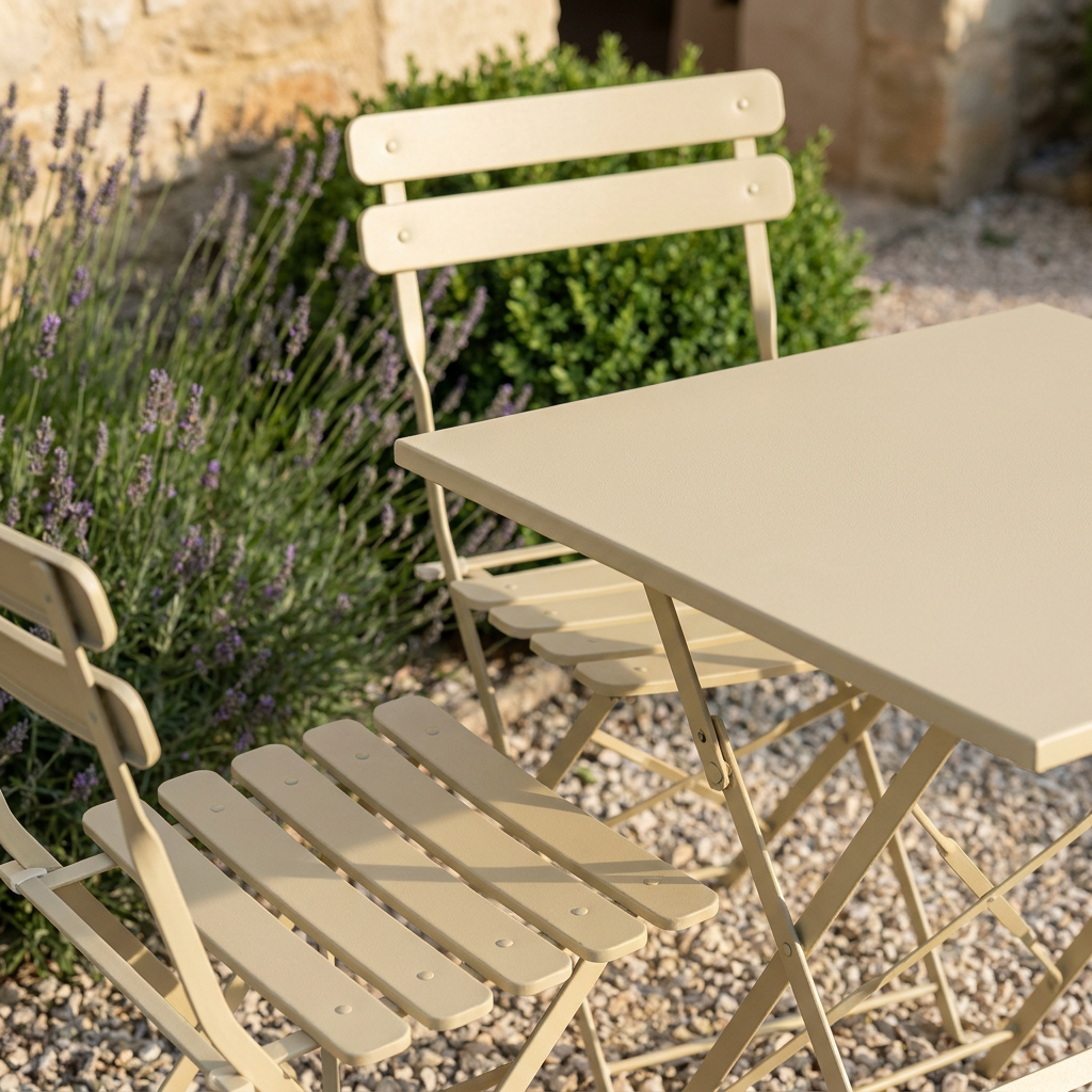 Gros plan des lattes d'une chaise de jardin en métal repeinte en sable, peinture époxy mate
