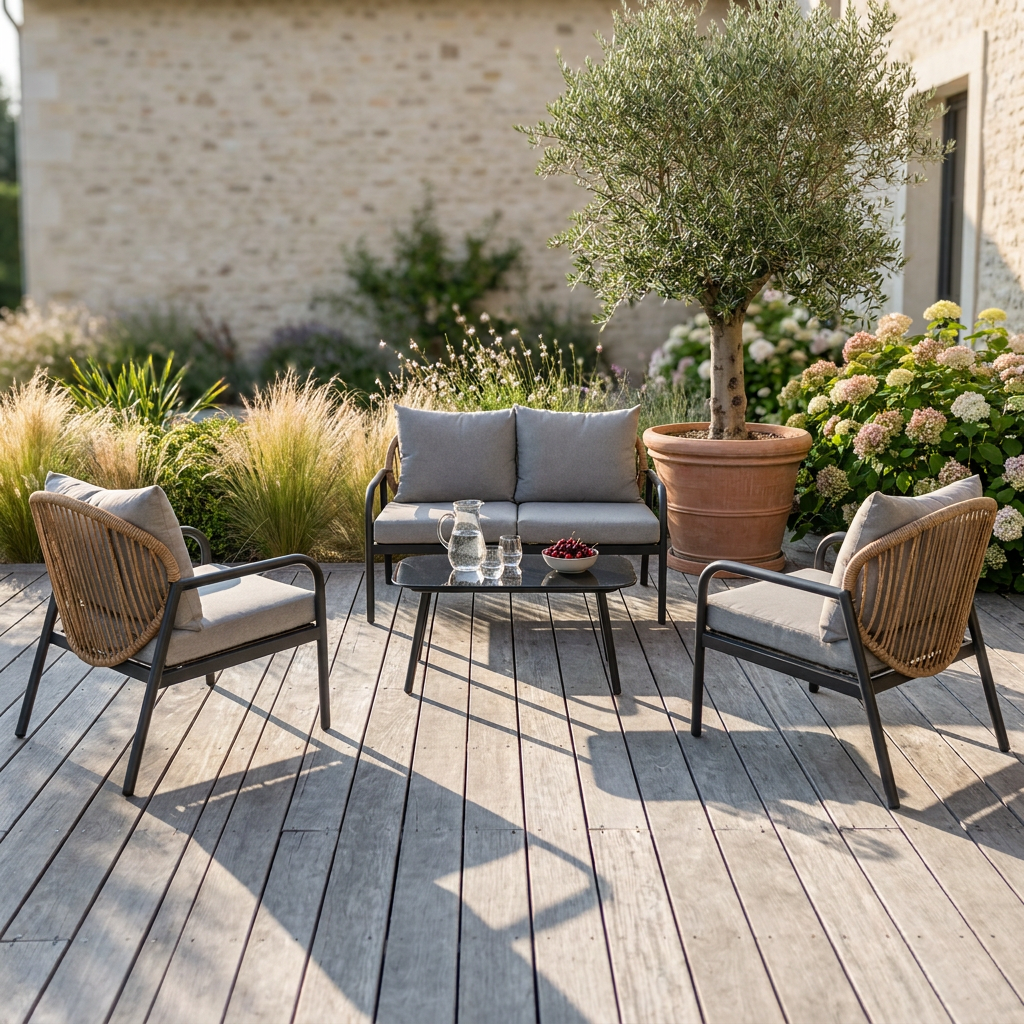 Mobilier de jardin en métal repeint, installé sur une terrasse en bois au soleil de fin de journée