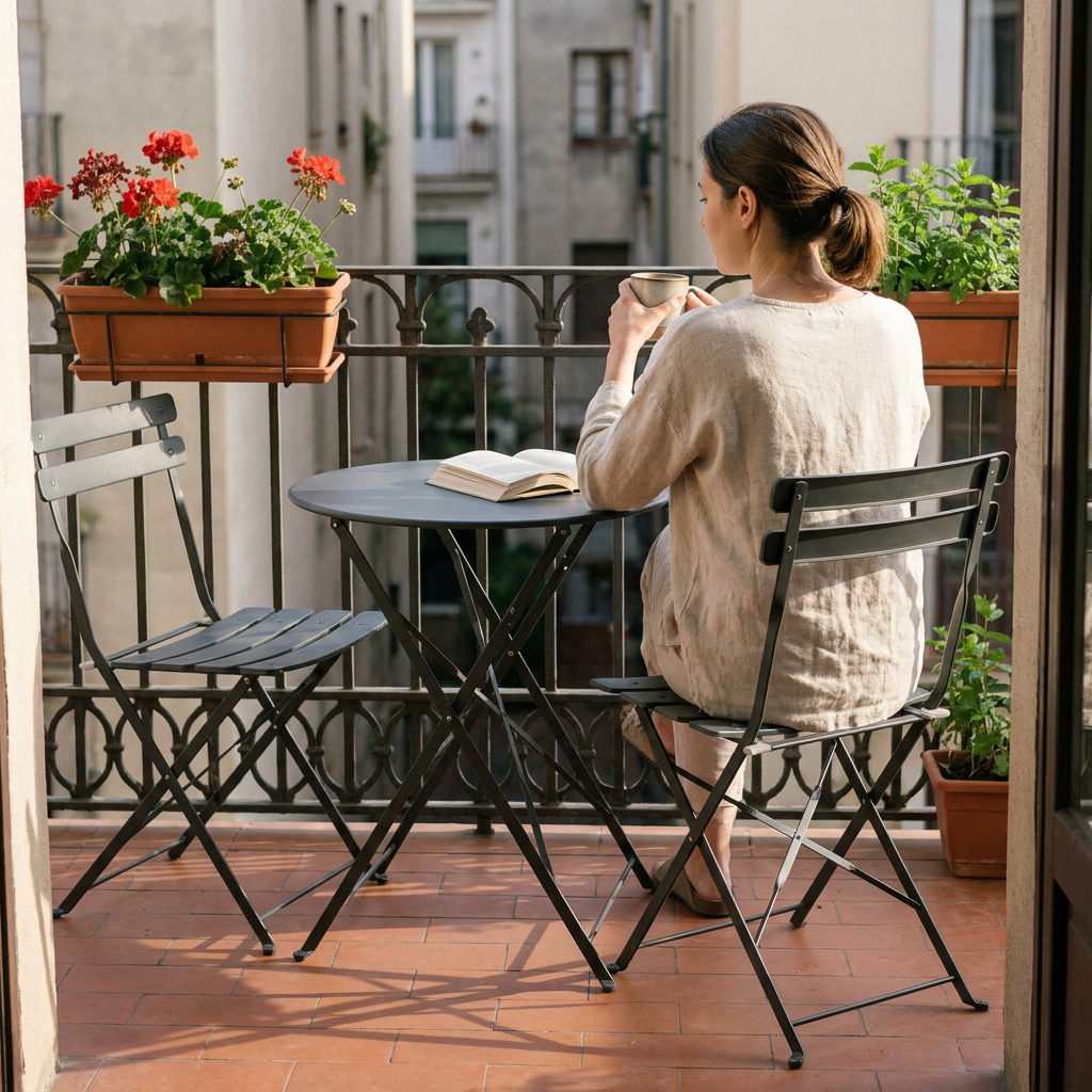 Set bistrot en métal gris anthracite fraîchement repeint, occupé pour un café sur un balcon fleuri