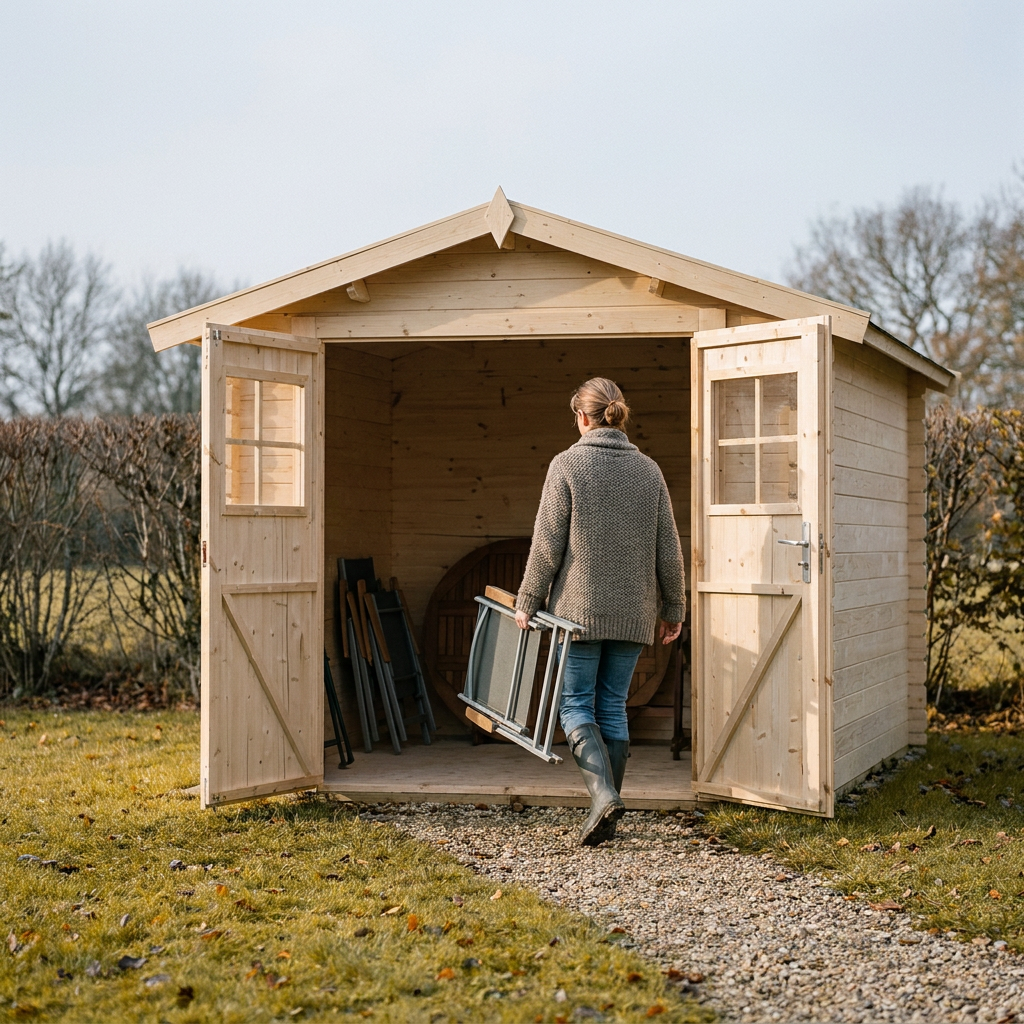 Femme rentrant une chaise pliée dans un abri de jardin en bois pour l'hivernage du mobilier d'extérieur