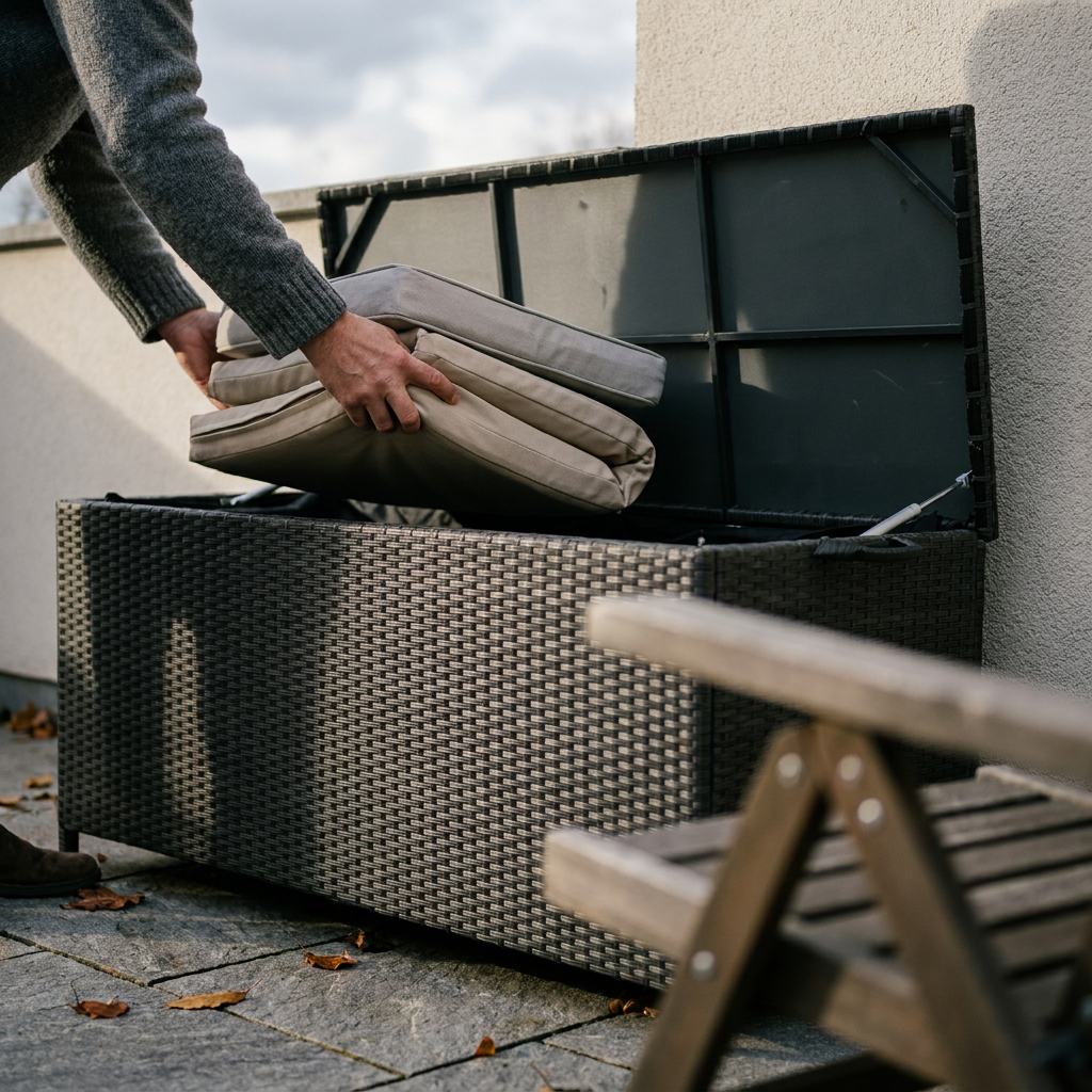 Coussins d'extérieur pliés et rangés au sec dans un coffre de jardin en résine tressée avant l'hiver
