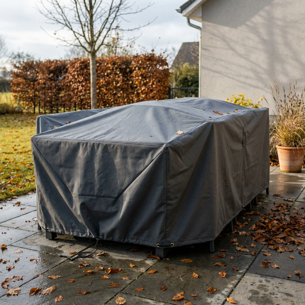 Salon de jardin protégé par une housse polyester sur une terrasse en fin d'automne, prêt pour l'hivernage