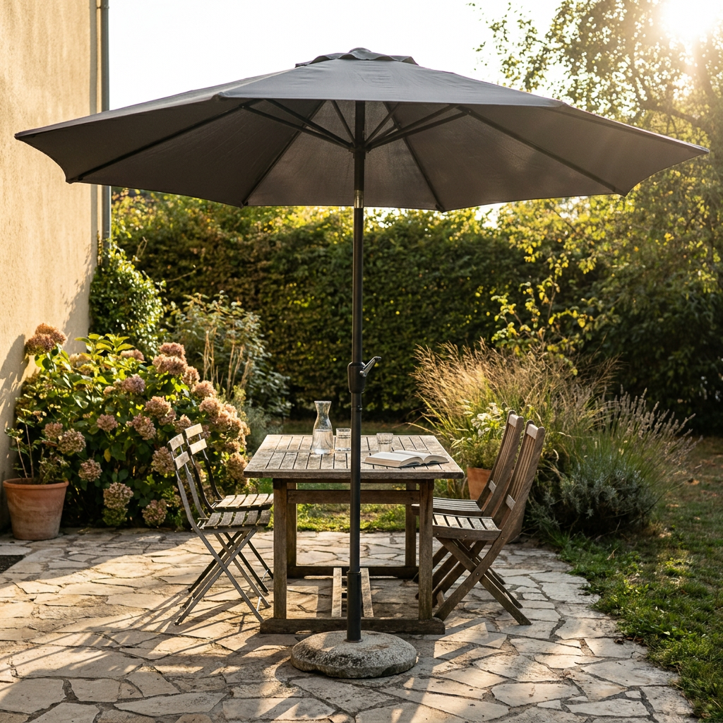 Parasol droit anthracite à toile ravivée, ouvert au-dessus d'une table de jardin en bois sur une terrasse