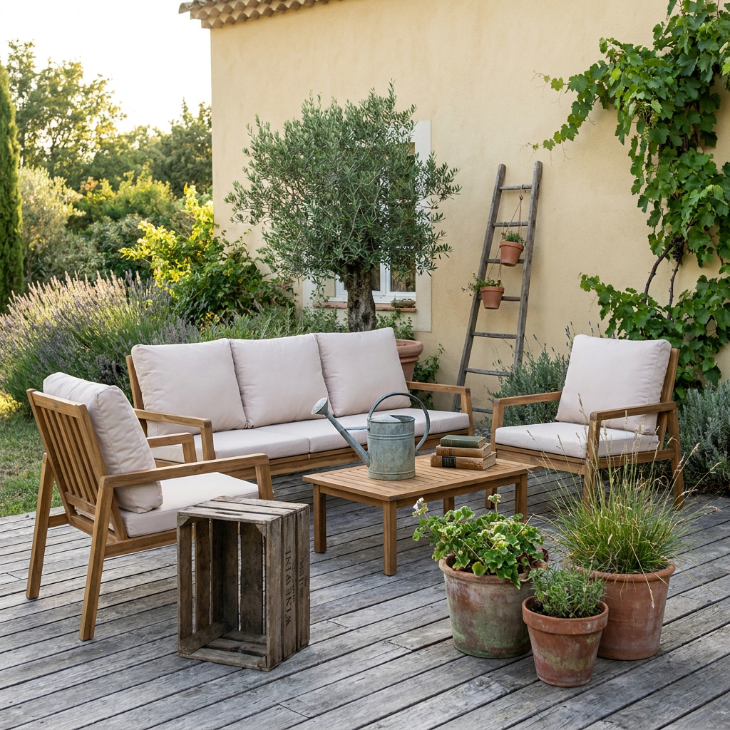 Salon de jardin bas en acacia et déco de jardin en récup : arrosoir en zinc, caisse à vin, pots patinés