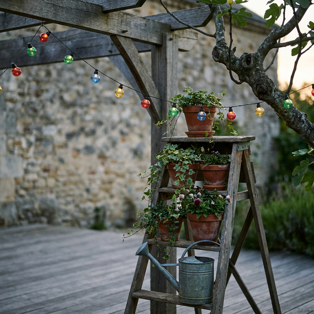 Guirlande guinguette solaire au-dessus d'un escabeau en bois de récup transformé en étagère à pots