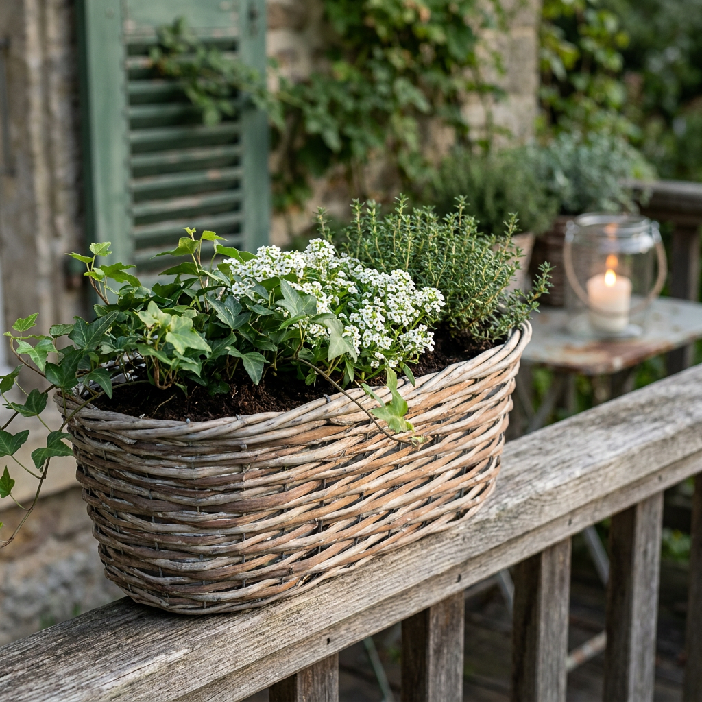 Jardinière en saule tressé garnie de lierre et thym, volet ancien détourné en support de plantes derrière