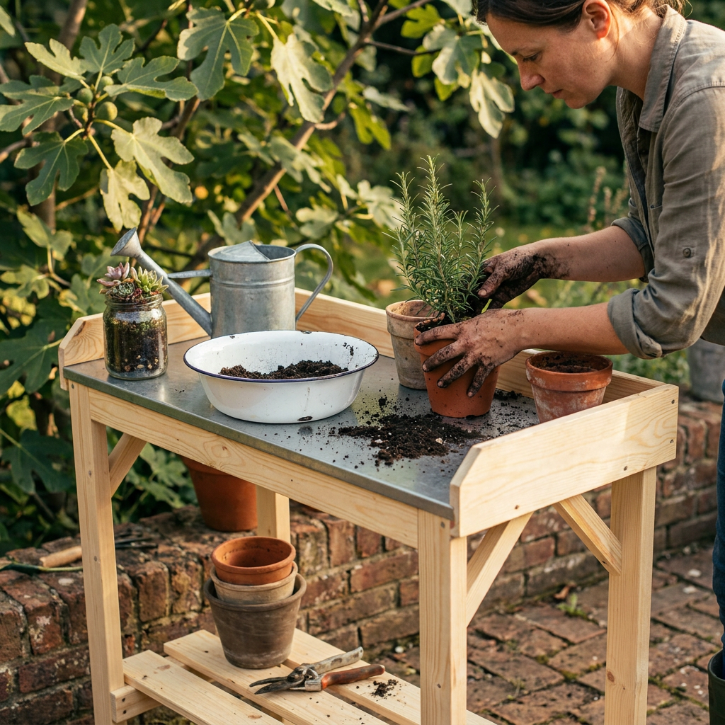 Rempotage sur une table de plantation en bois, pots chinés et bocaux détournés en surcyclage de jardin