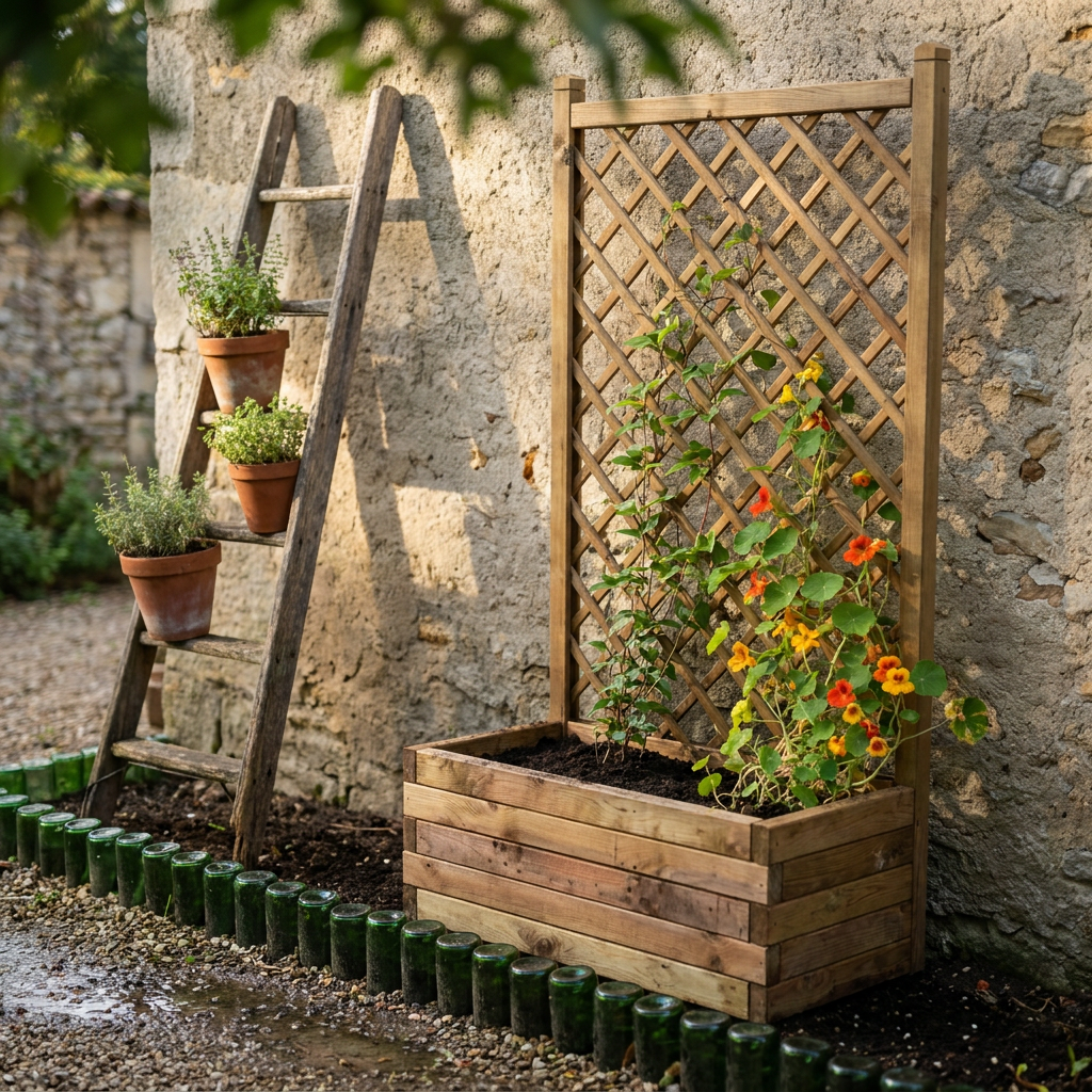 Jardinière en bois à treillis contre un mur de pierre, entourée d'échelle et bouteilles de récup au jardin