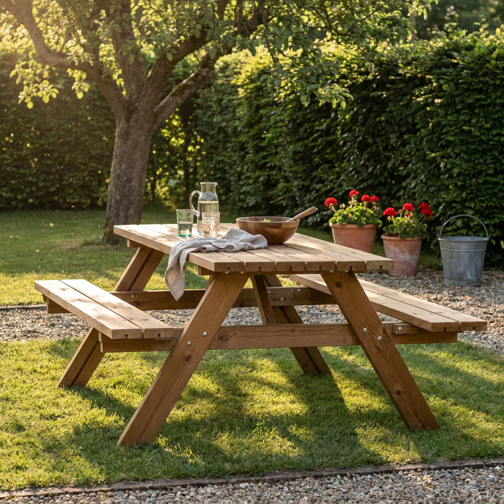 Table de pique-nique en bois massif installée sur la pelouse d'un jardin, esprit table de jardin en récup