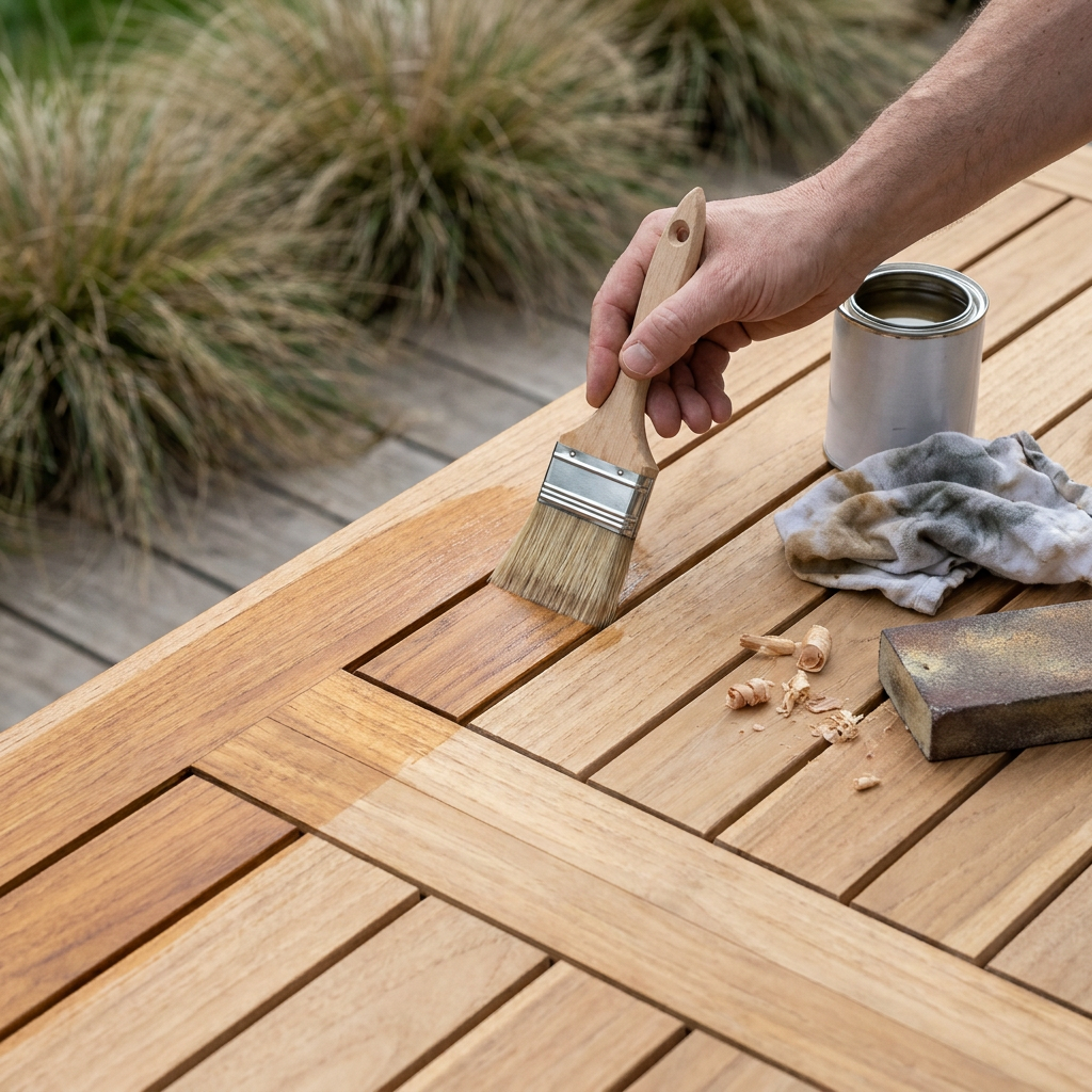 Application au pinceau d'un saturateur sur les lattes d'une table de jardin en bois, traitement extérieur