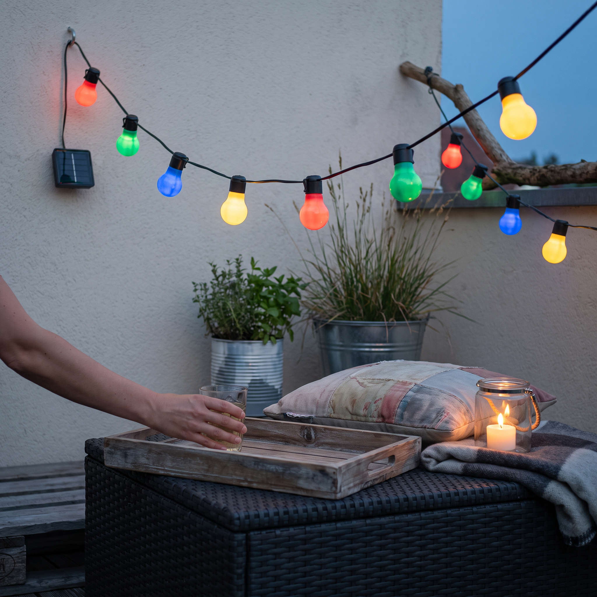Guirlande guinguette solaire allumée au-dessus d'une table basse et de coussins chinés sur une terrasse en récup