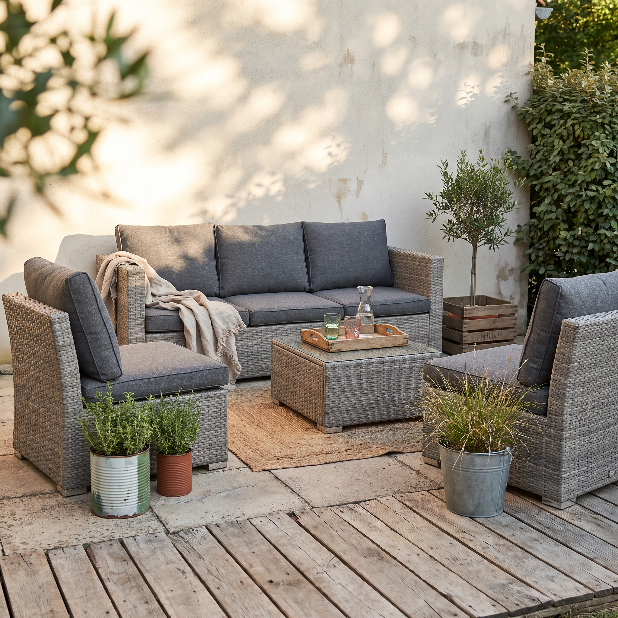 Salon bas de jardin en résine tressée anthracite installé sur une terrasse récup en dalles et palettes poncées