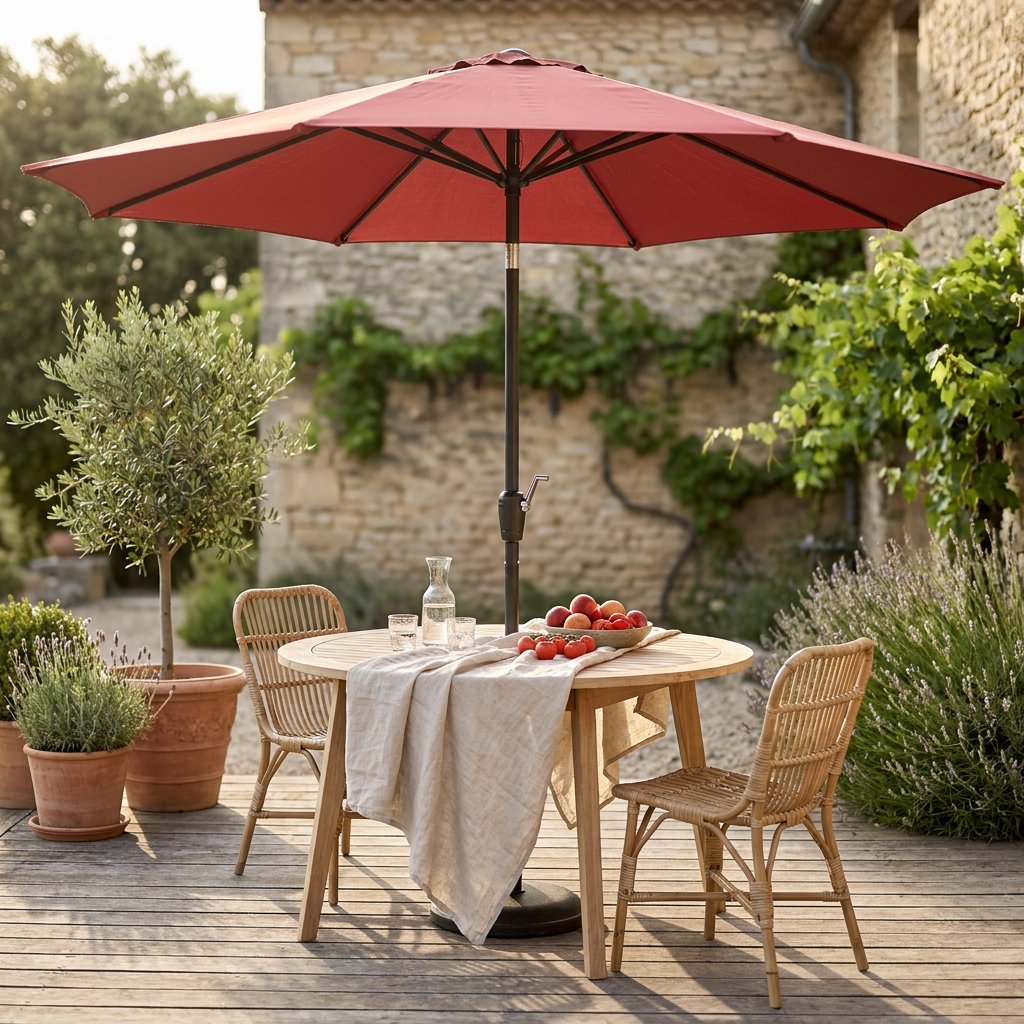 Parasol vintage à franges ouvert au-dessus d'une table de repas en bois et de chaises en rotin sur une terrasse