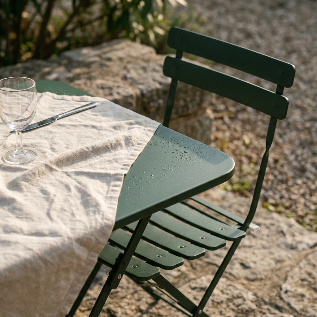 Détail du plateau et des lattes vert mousse d'un salon bistrot rétro, rosée et nappe en lin sur la terrasse