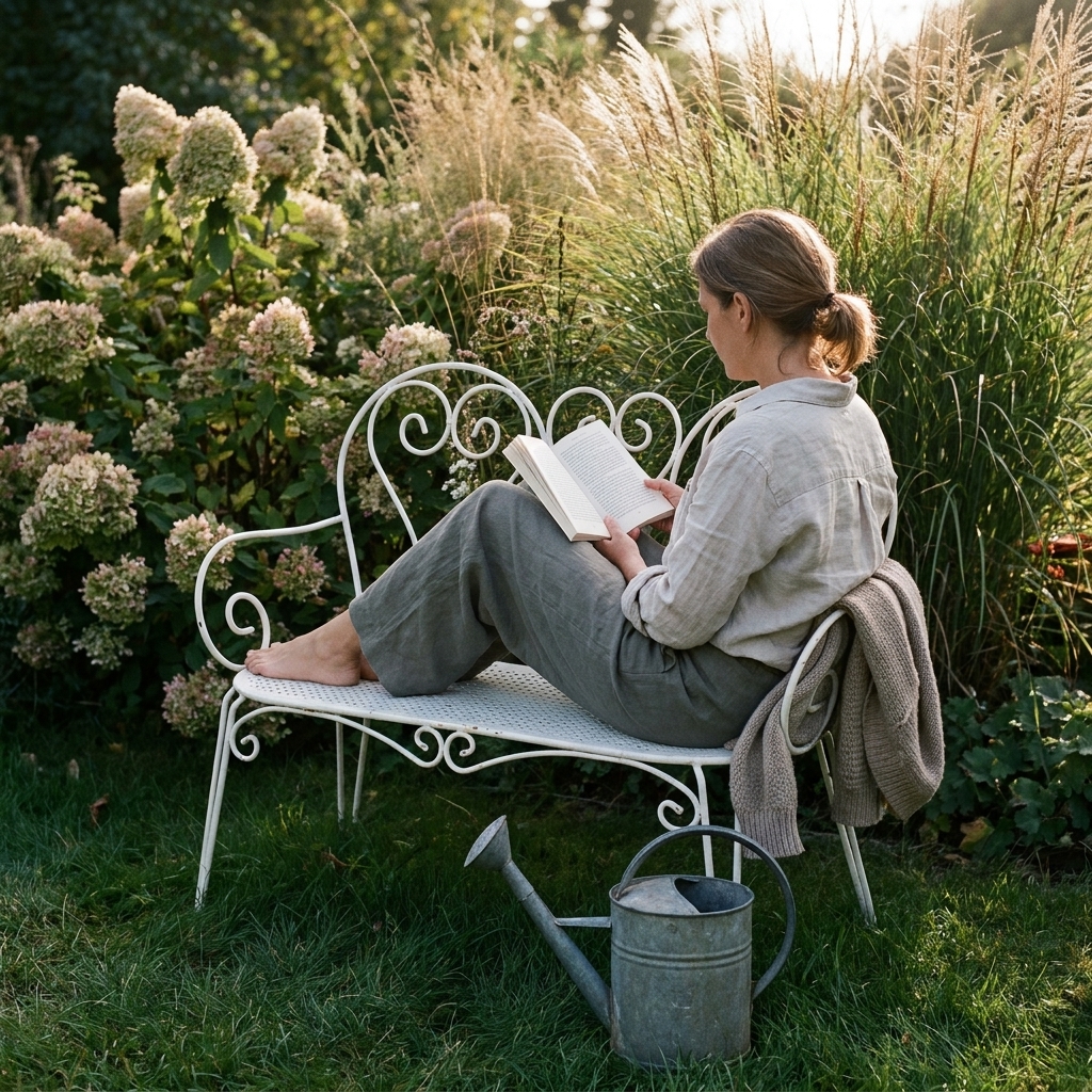 Lecture sur un banc de jardin vintage en acier blanc ajouré à motifs cœur, au milieu d'un massif fleuri