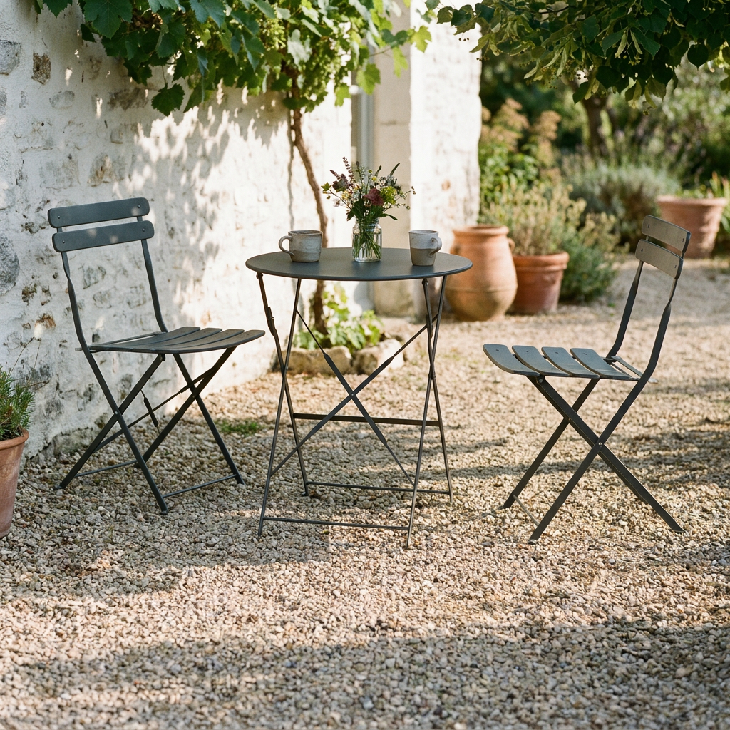 Set bistrot en acier anthracite sur terrasse gravillonnée, mobilier de jardin vintage sous un feuillage de vigne