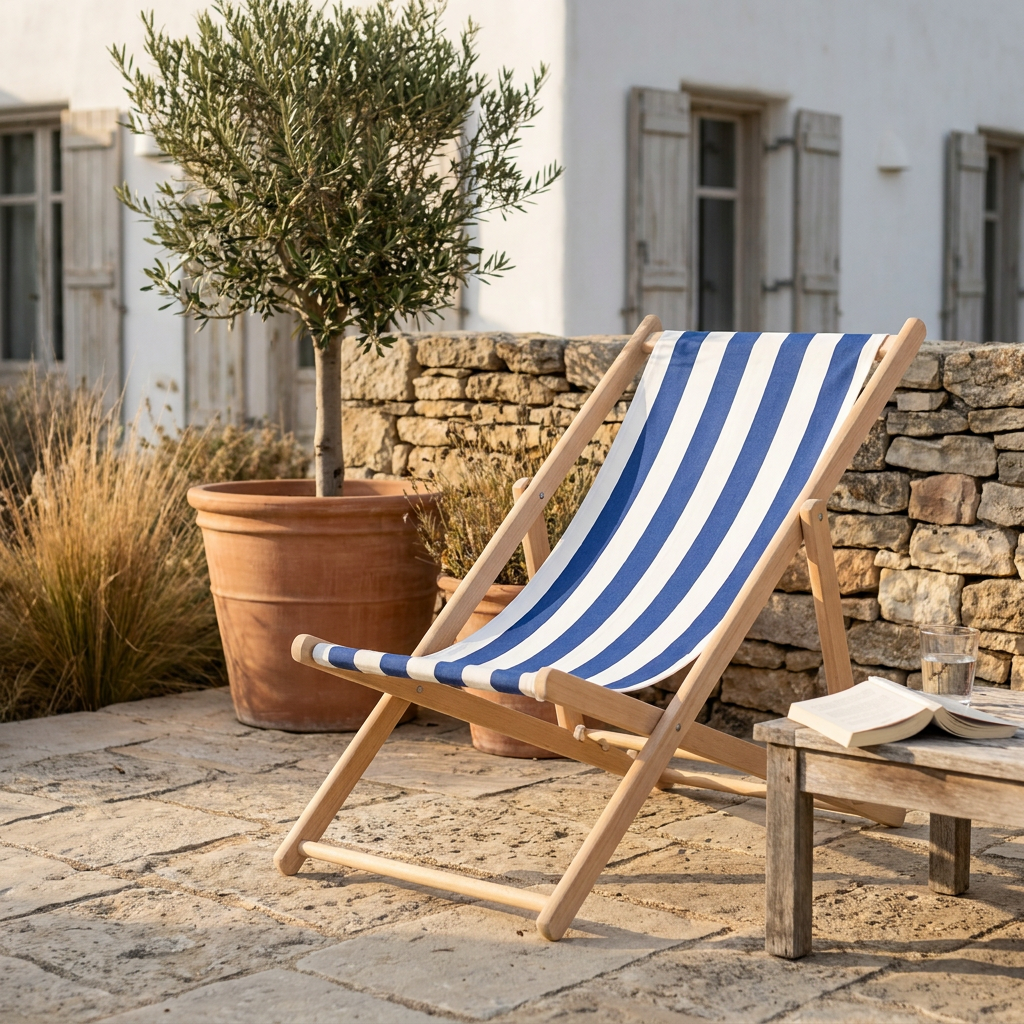 Chilienne vintage en hêtre à toile rayée bleu marine installée sur une terrasse en pierre, fin d'après-midi