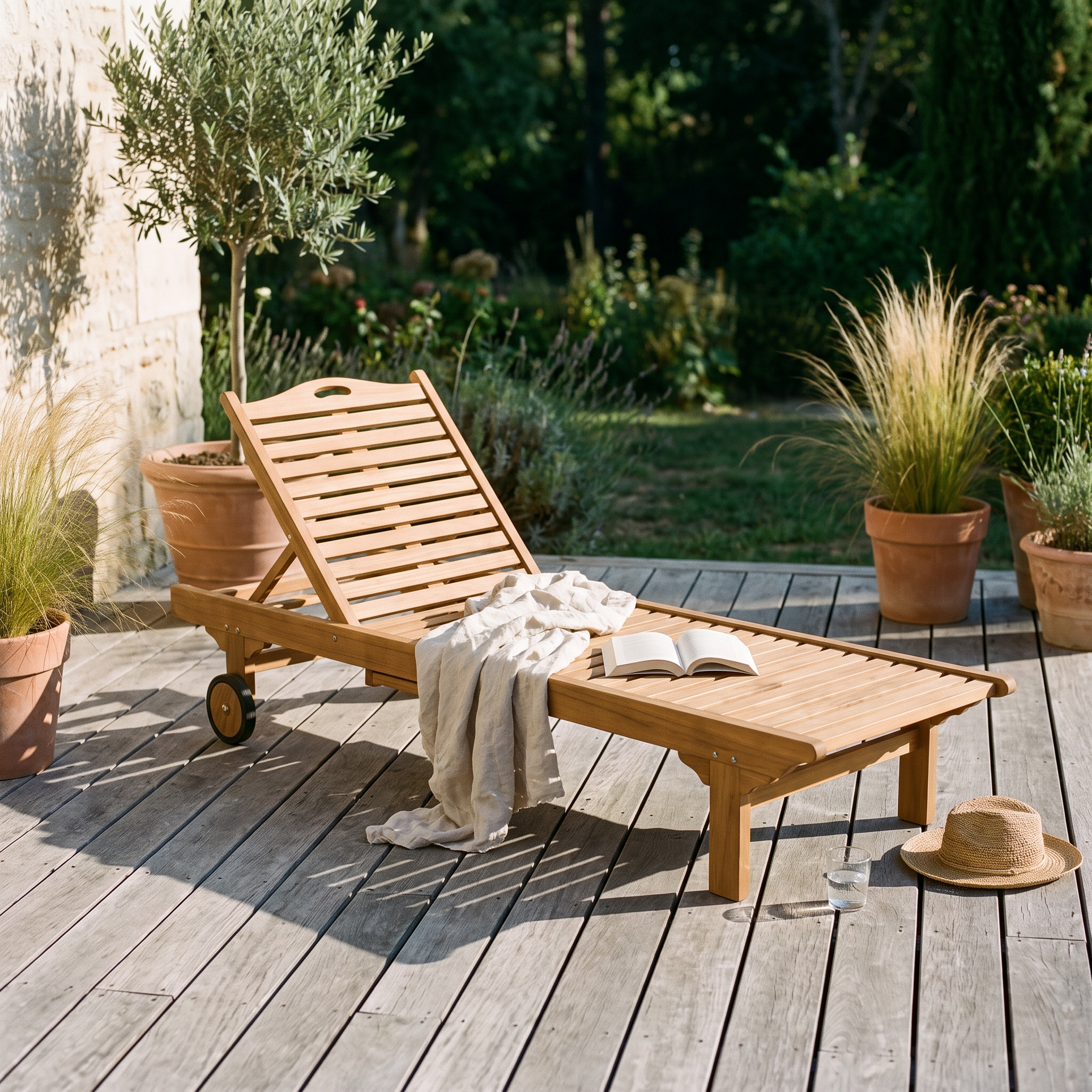 Bain de soleil en teck à lattes installé sur une terrasse en bois, plaid en lin et livre, allure de transat vintage
