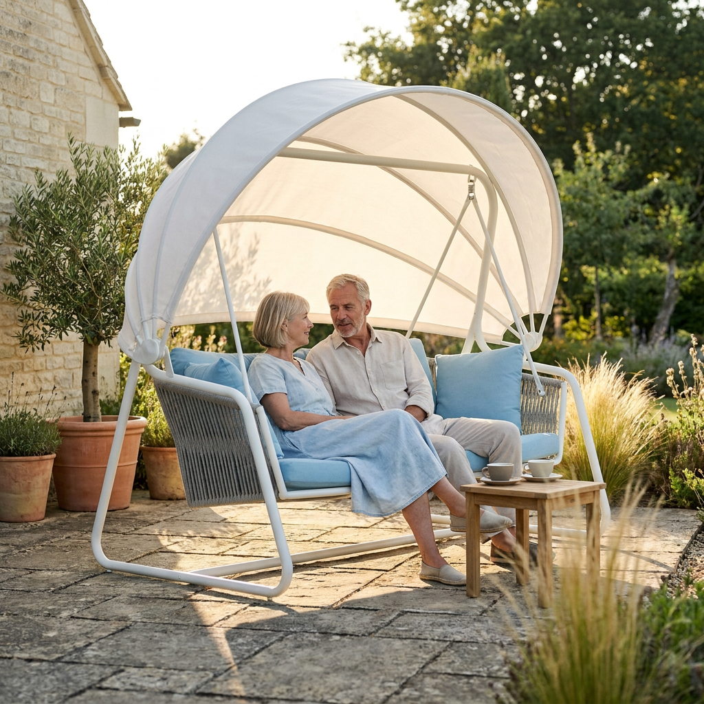Couple assis en conversation sur une balancelle de jardin blanche à auvent en dôme, terrasse en pierre