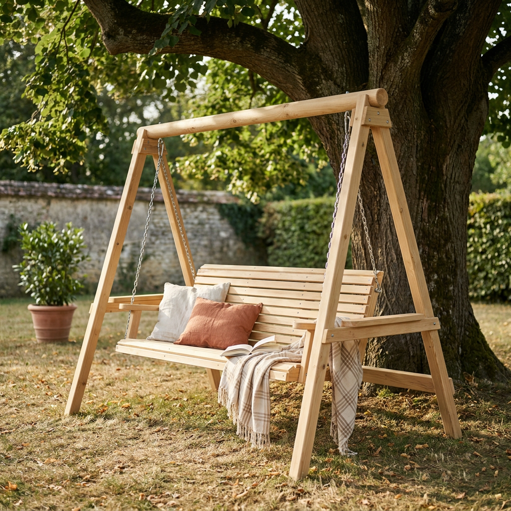 Balancelle de jardin vintage en bois à lattes suspendue par chaînes, installée sous un tilleul avec coussins et plaid